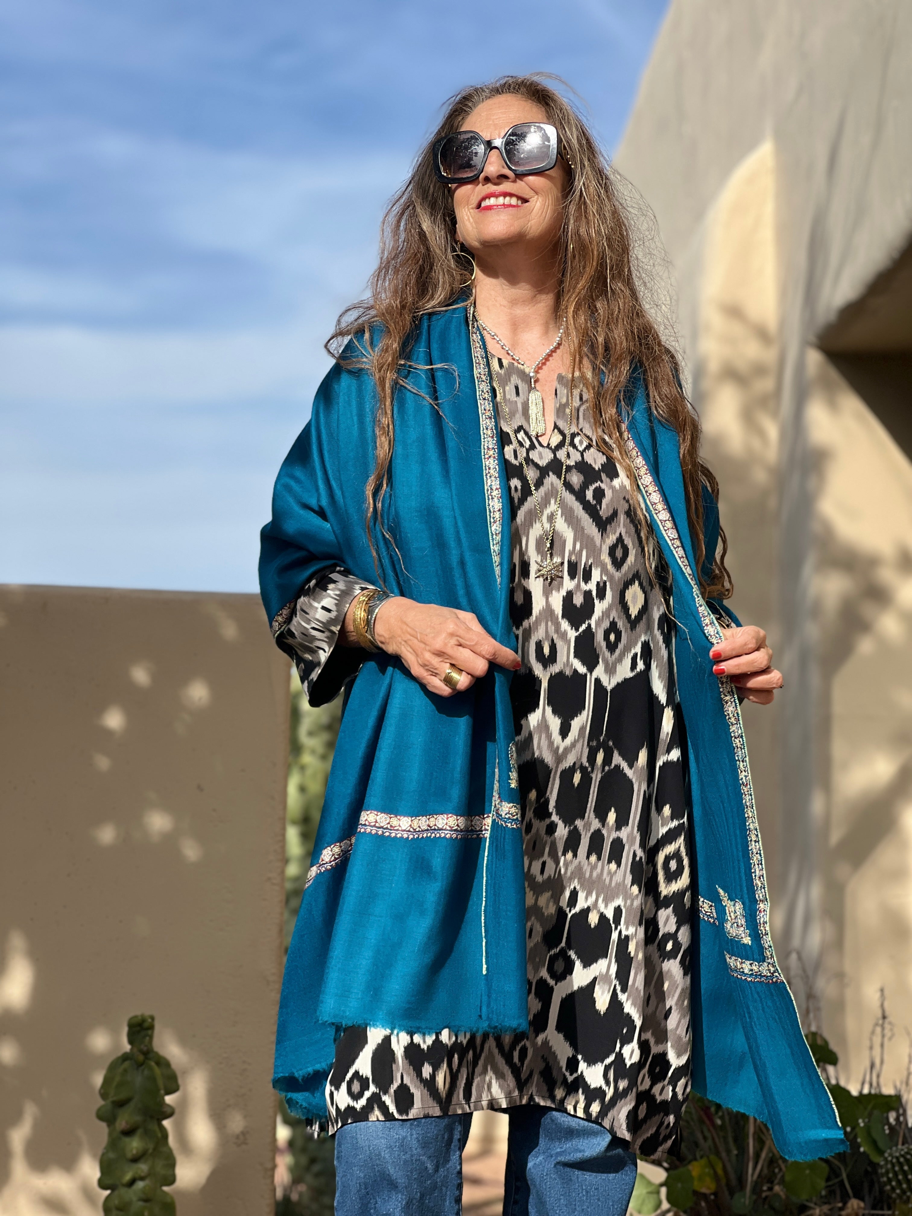 Blue Hand Embroidered Pashmina Shawl One of a Kind