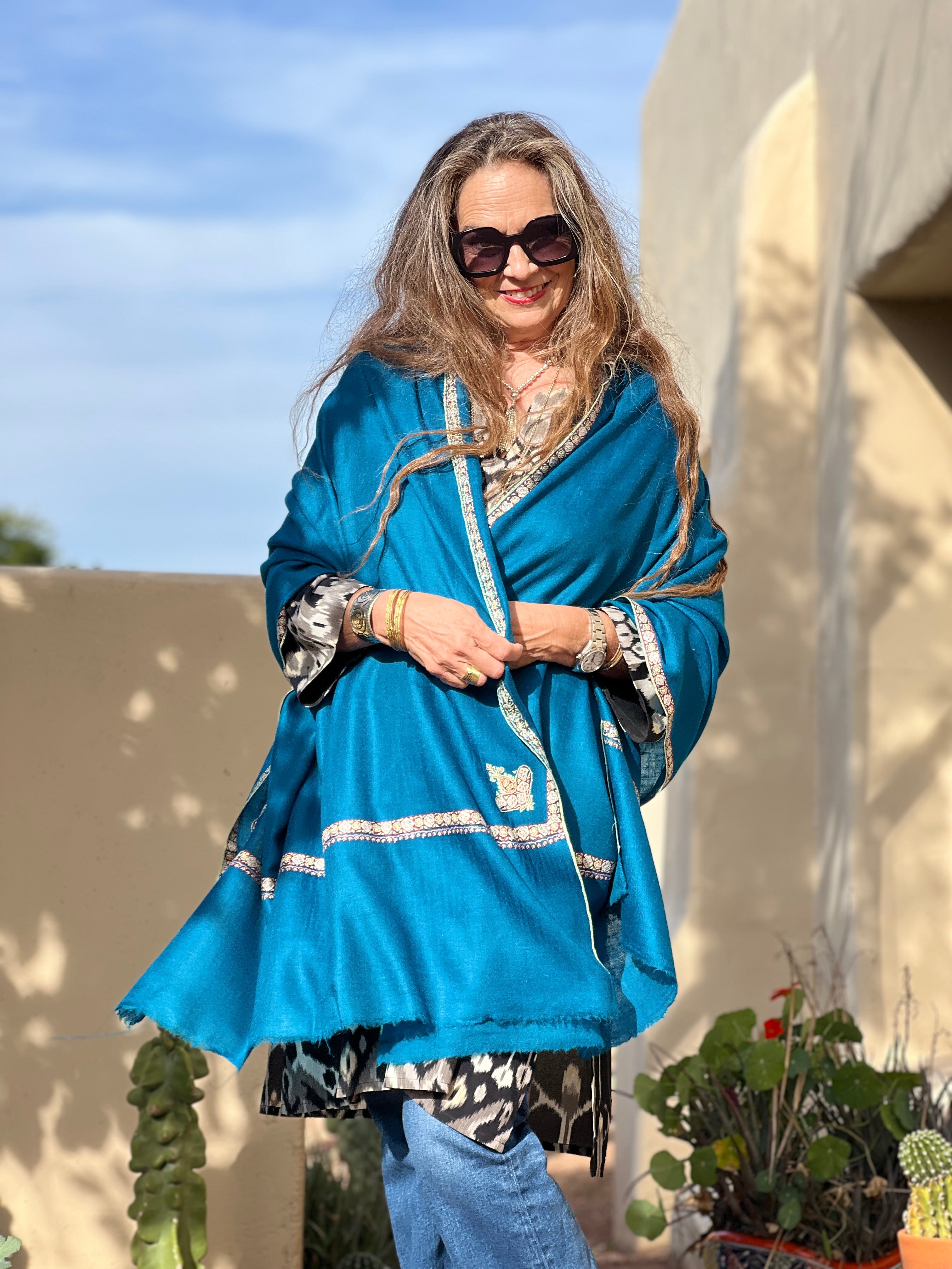 Blue Hand Embroidered Pashmina Shawl One of a Kind