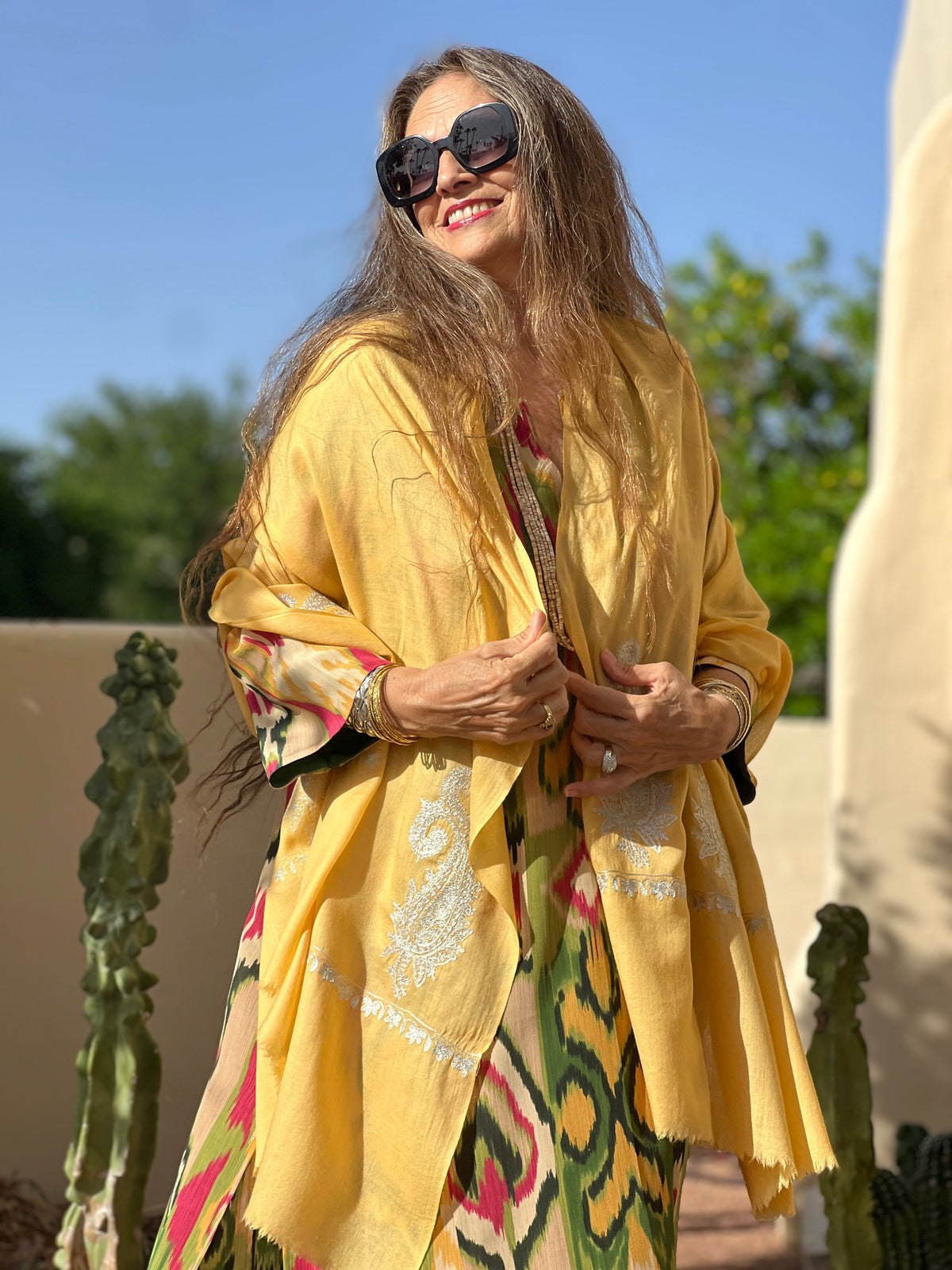 Butter Yellow Pashmina Shawl Silver Embroidery