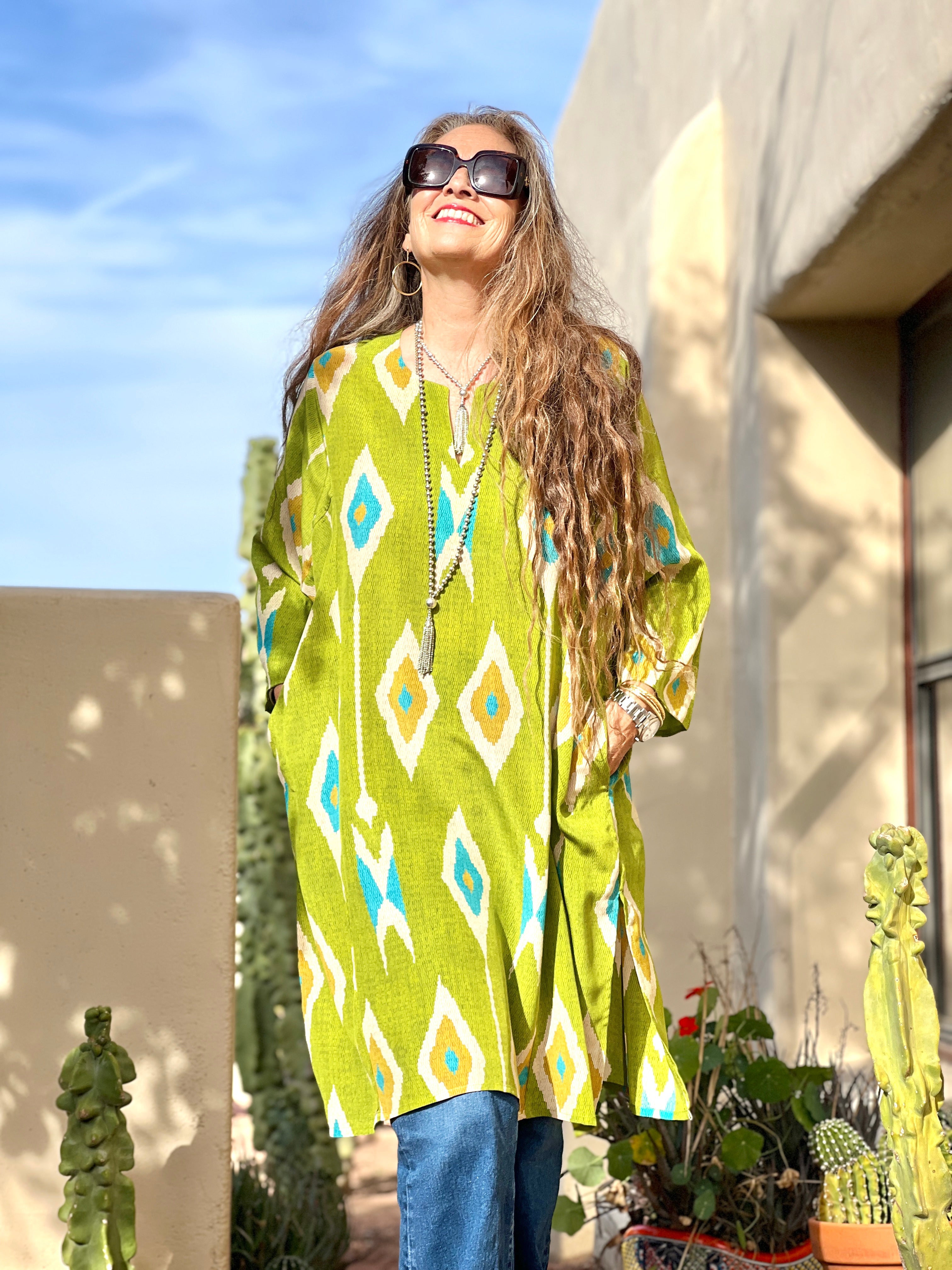 Tashkent Lime Green Ikat Italian Silk Tunic