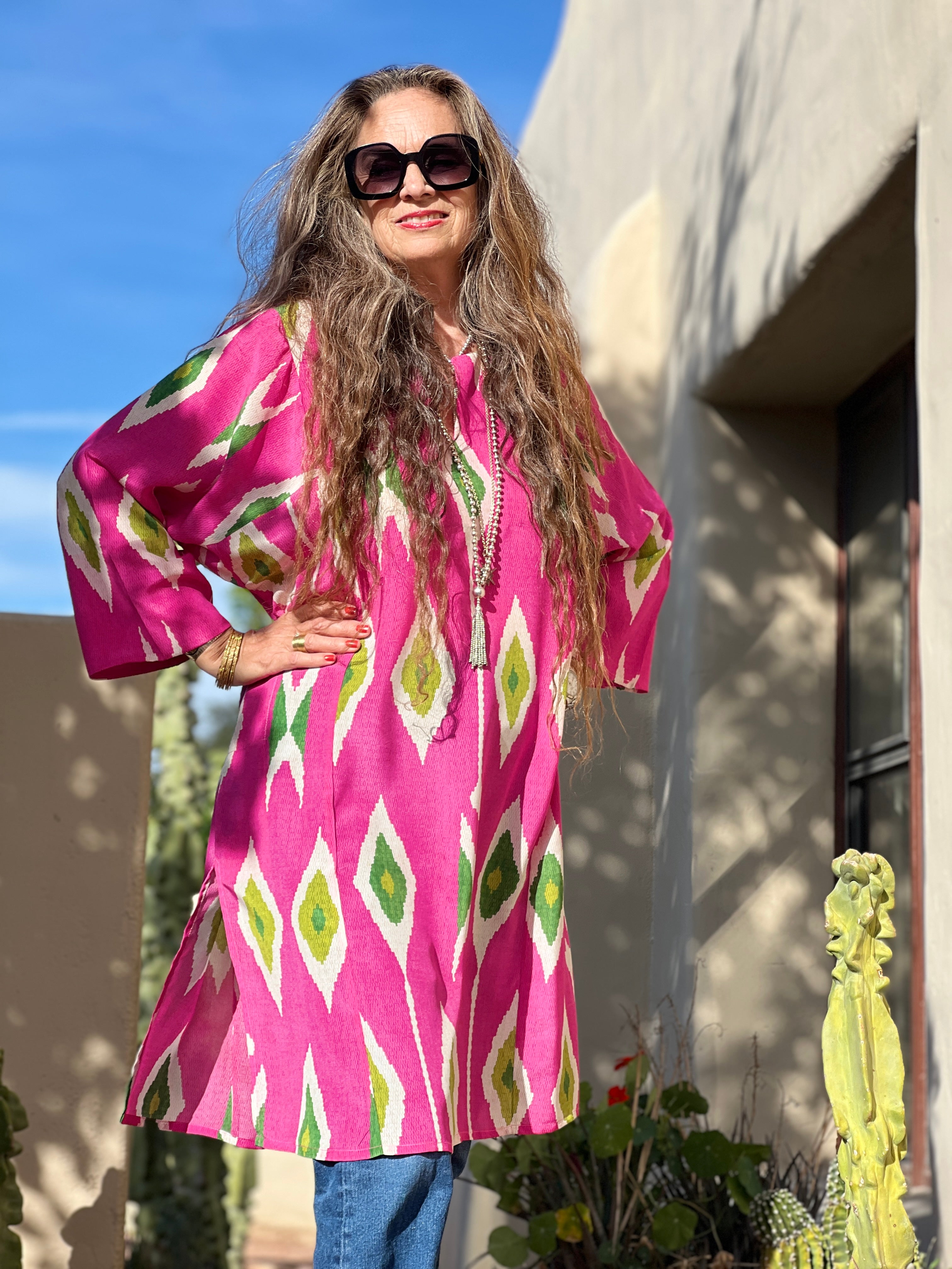 Tashkent Fuchsia Ikat Italian Silk Tunic