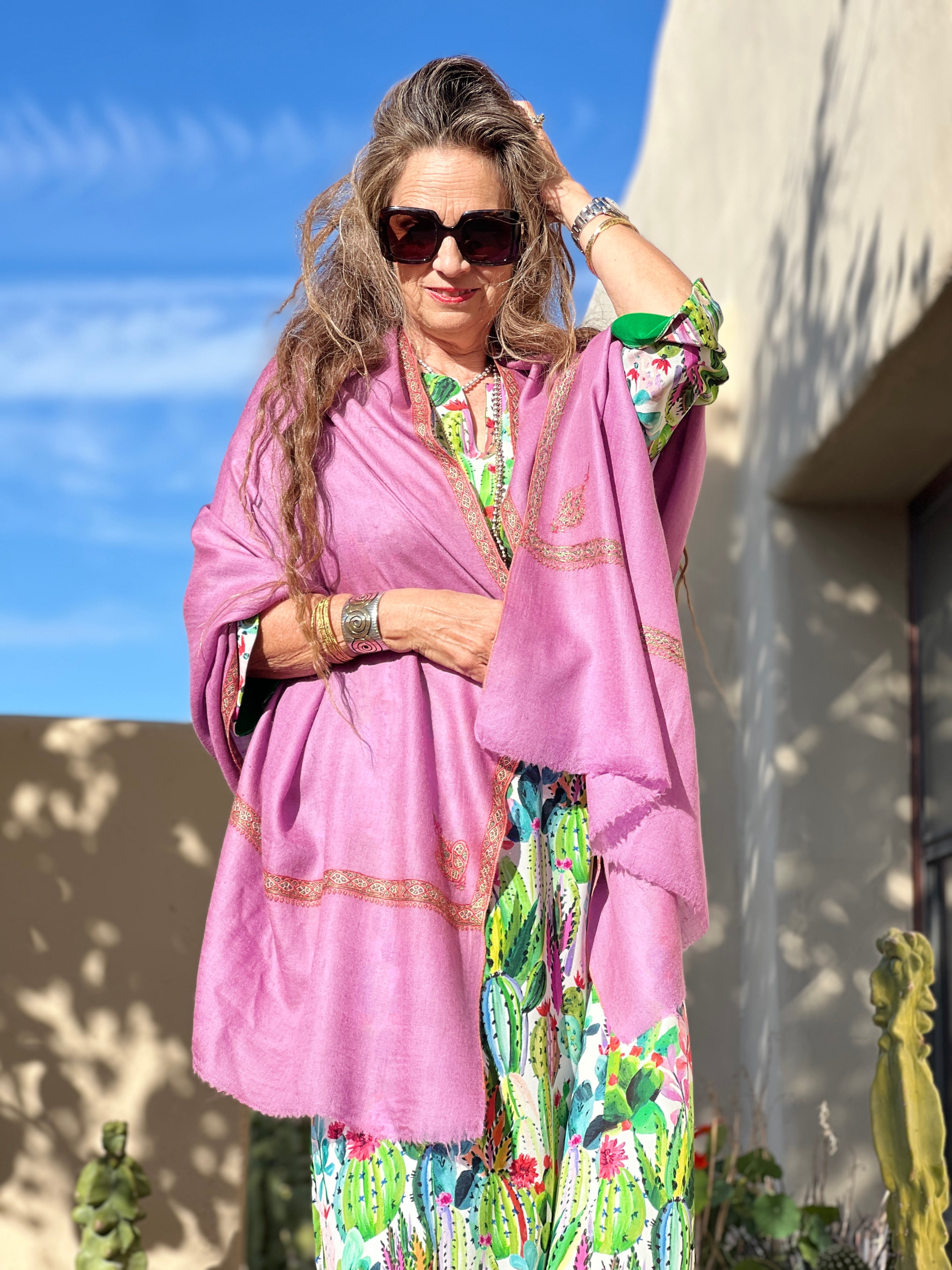 Lilac Hand Embroidered Pashmina Shawl One of a Kind