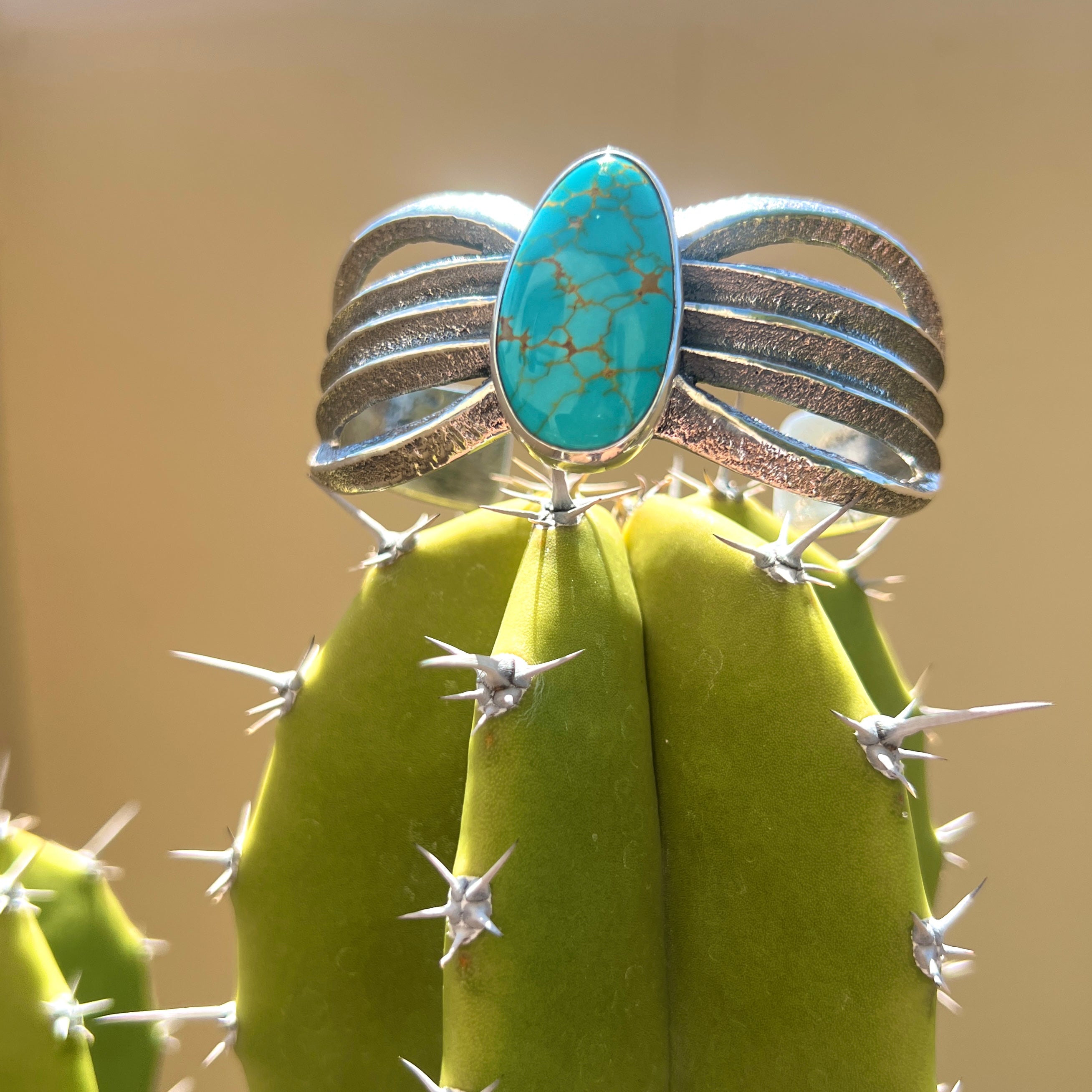 Navajo Kingman Turquoise Sterling Silver Tufa Cast Cuff