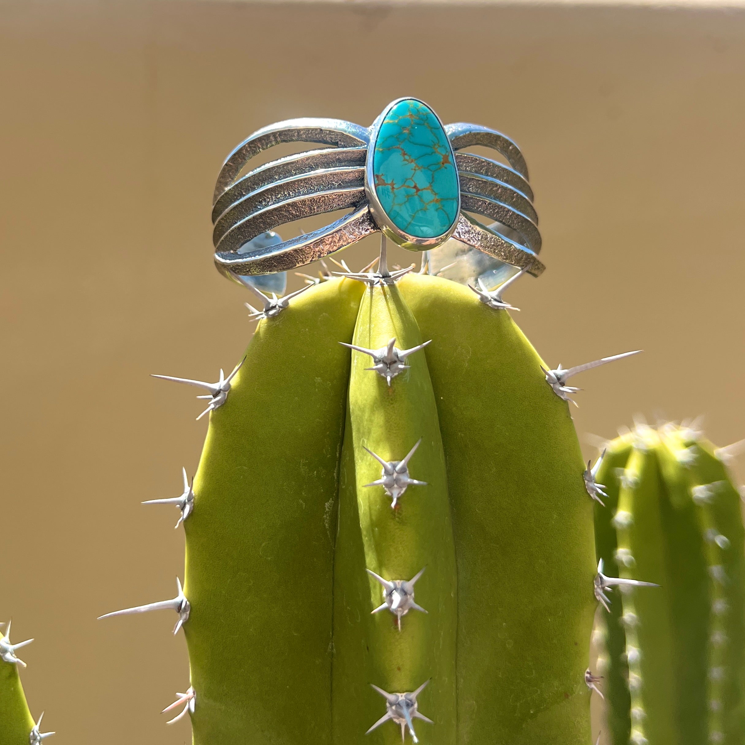 Navajo Kingman Turquoise Sterling Silver Tufa Cast Cuff