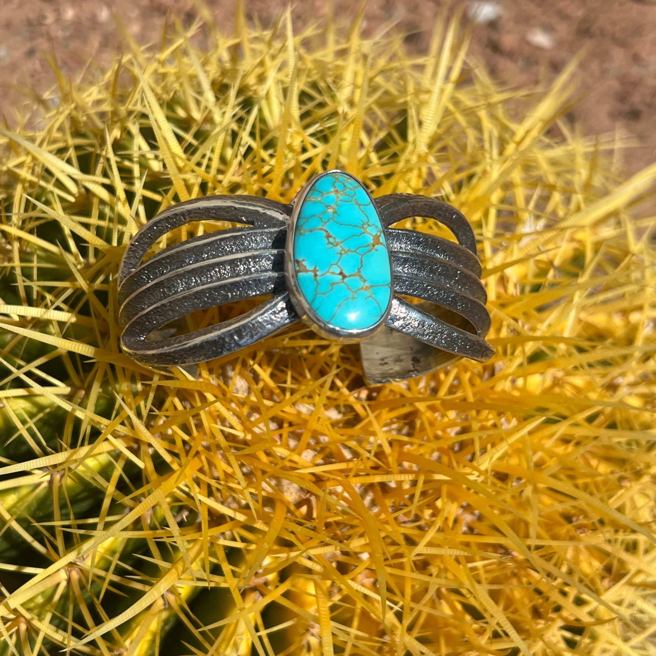 Navajo Kingman Turquoise Sterling Silver Tufa Cast Cuff