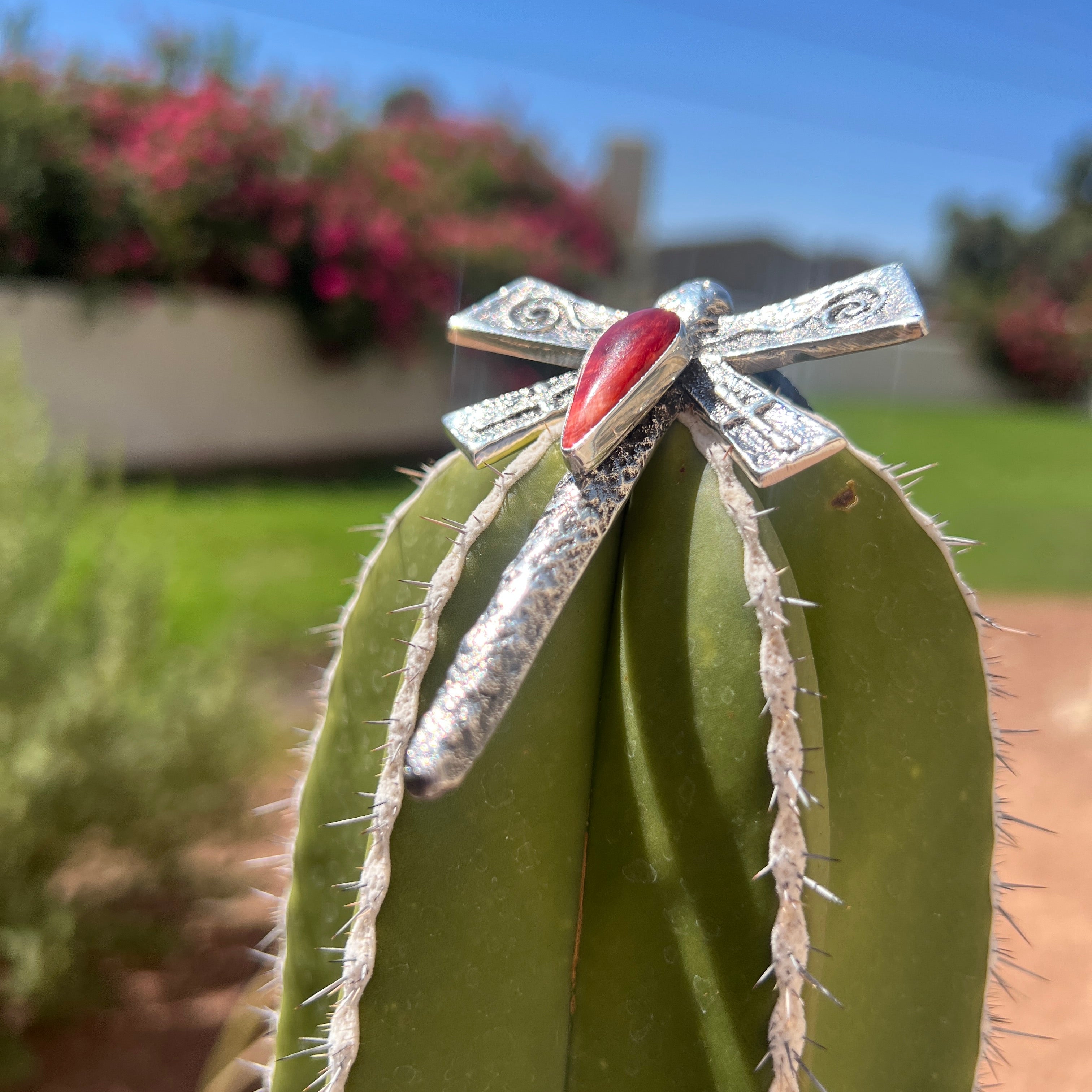 Navajo Silver and Red Spiny Oyster Dragonfly Necklace
