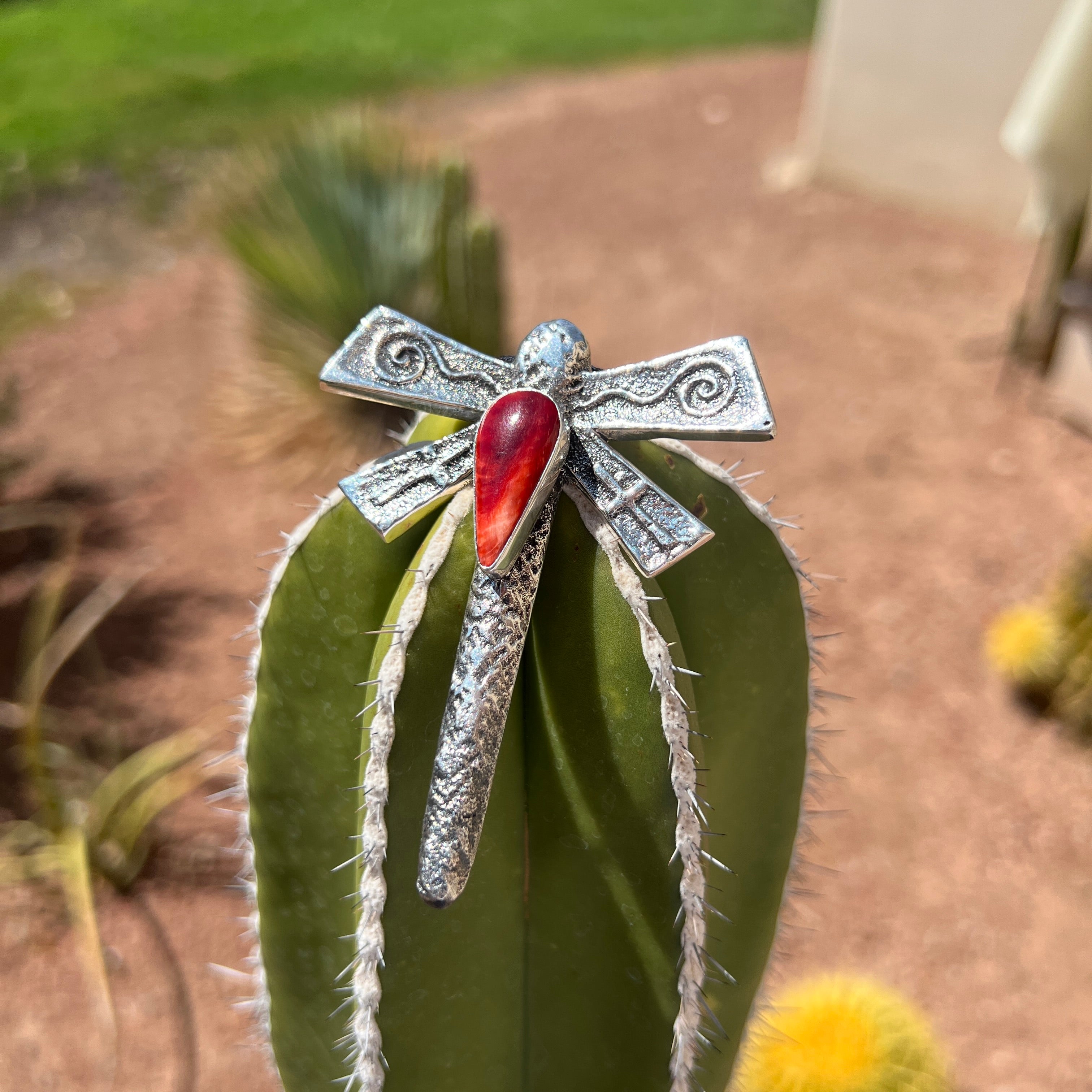 Navajo Silver and Red Spiny Oyster Dragonfly Necklace