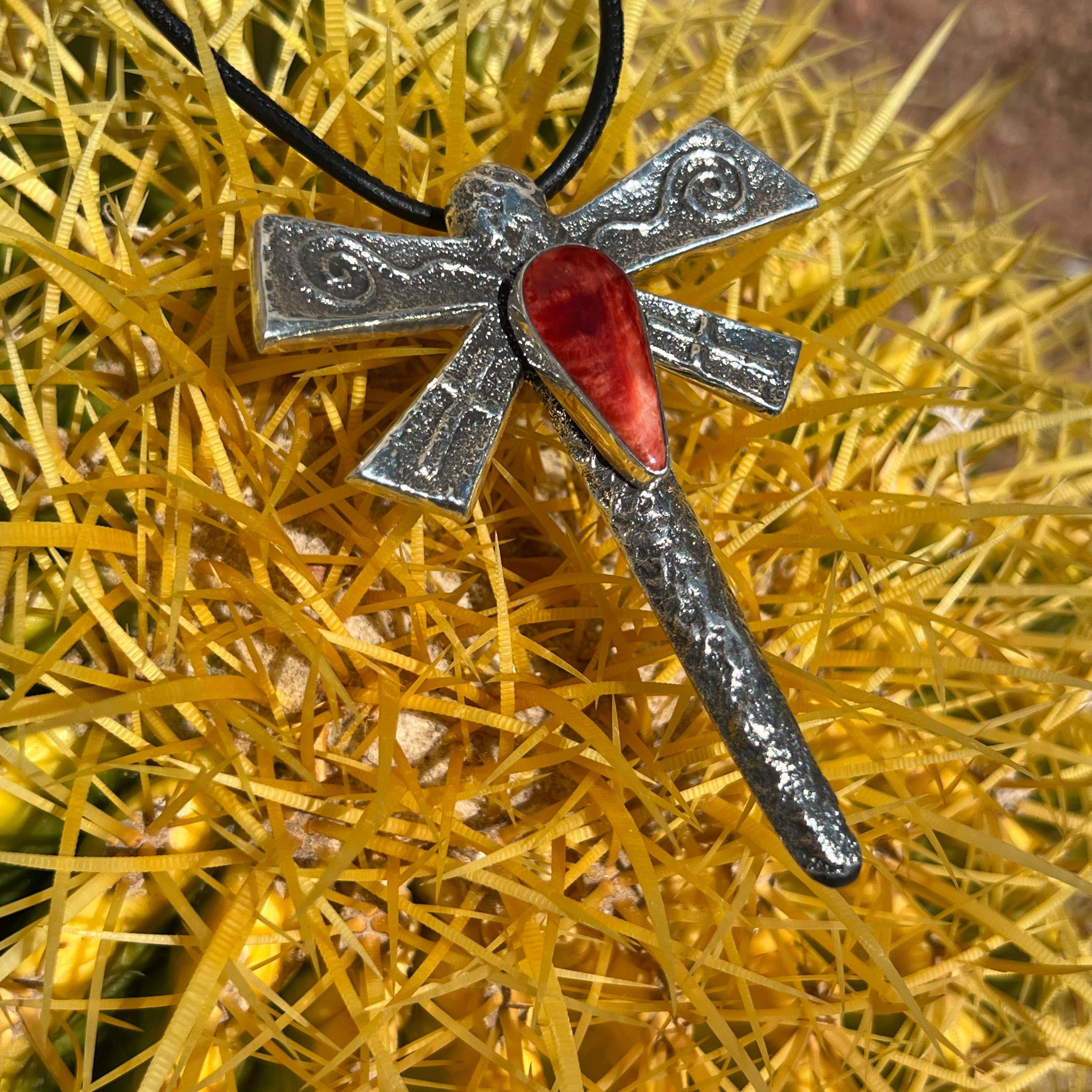 Navajo Silver and Red Spiny Oyster Dragonfly Necklace