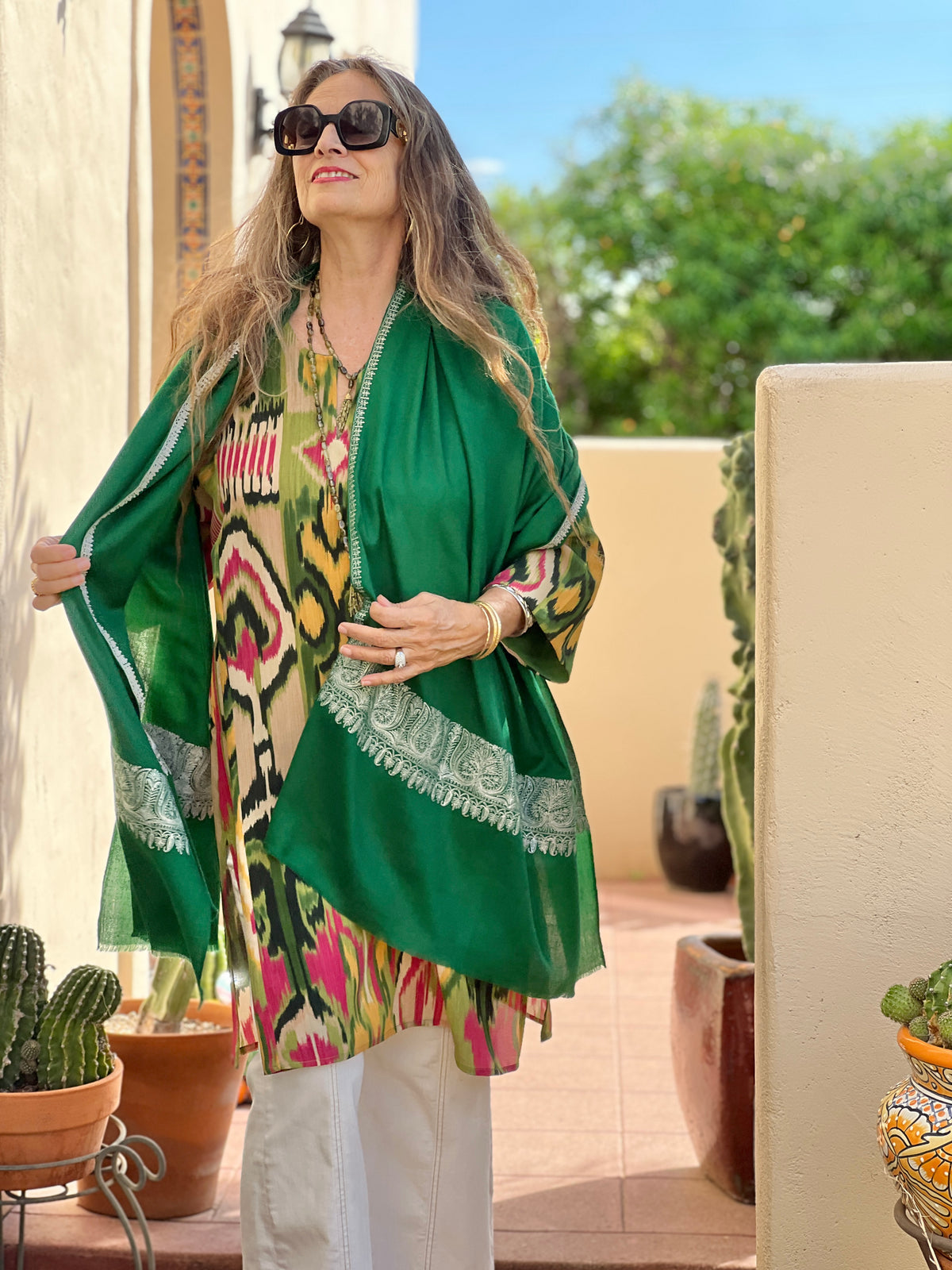 Emerald Green Embroidered Pashmina Shawl