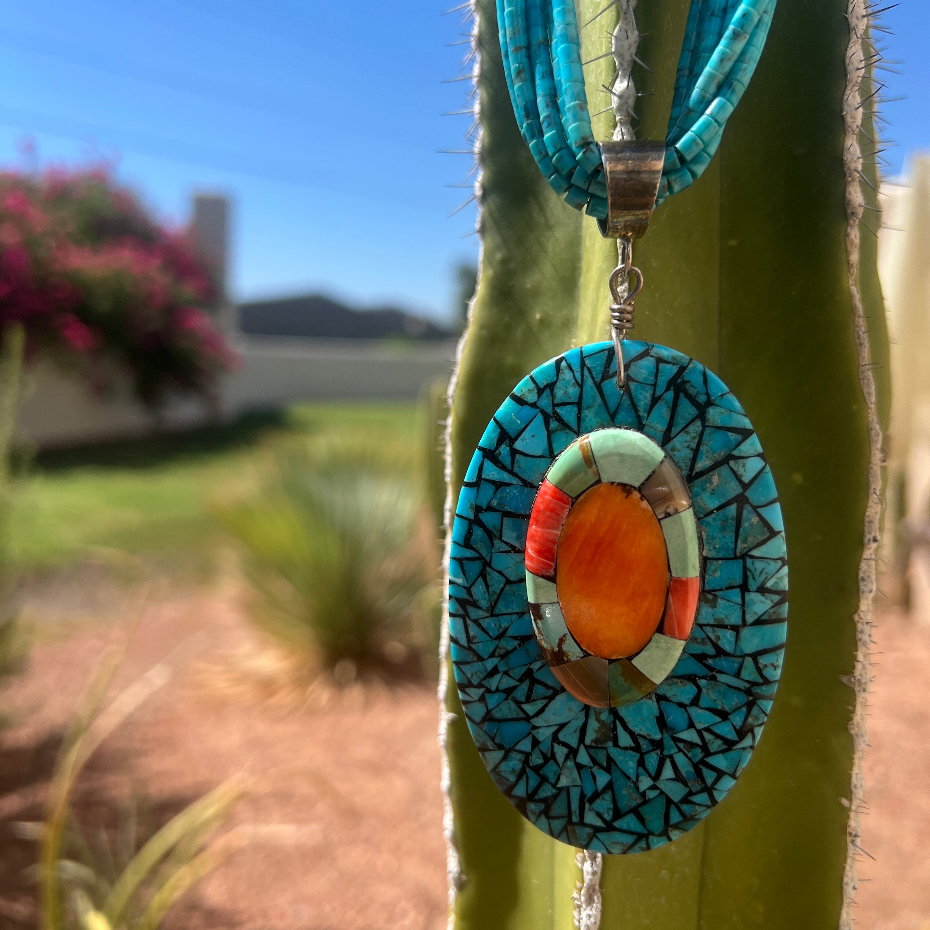 Mosaic Inlay Shell Pendant and Turquoise Necklace Santo Domingo