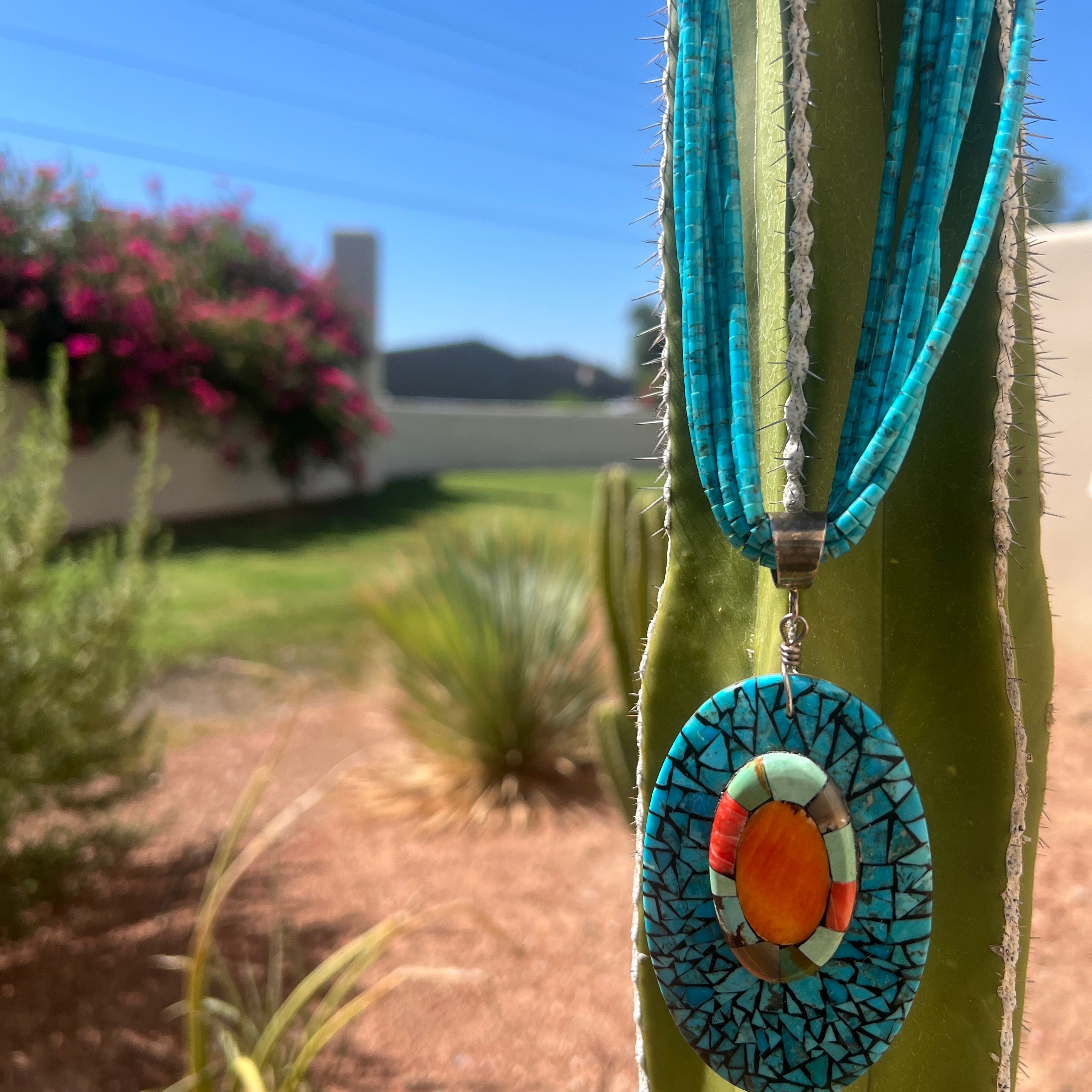 Mosaic Inlay Shell Pendant and Turquoise Necklace Santo Domingo