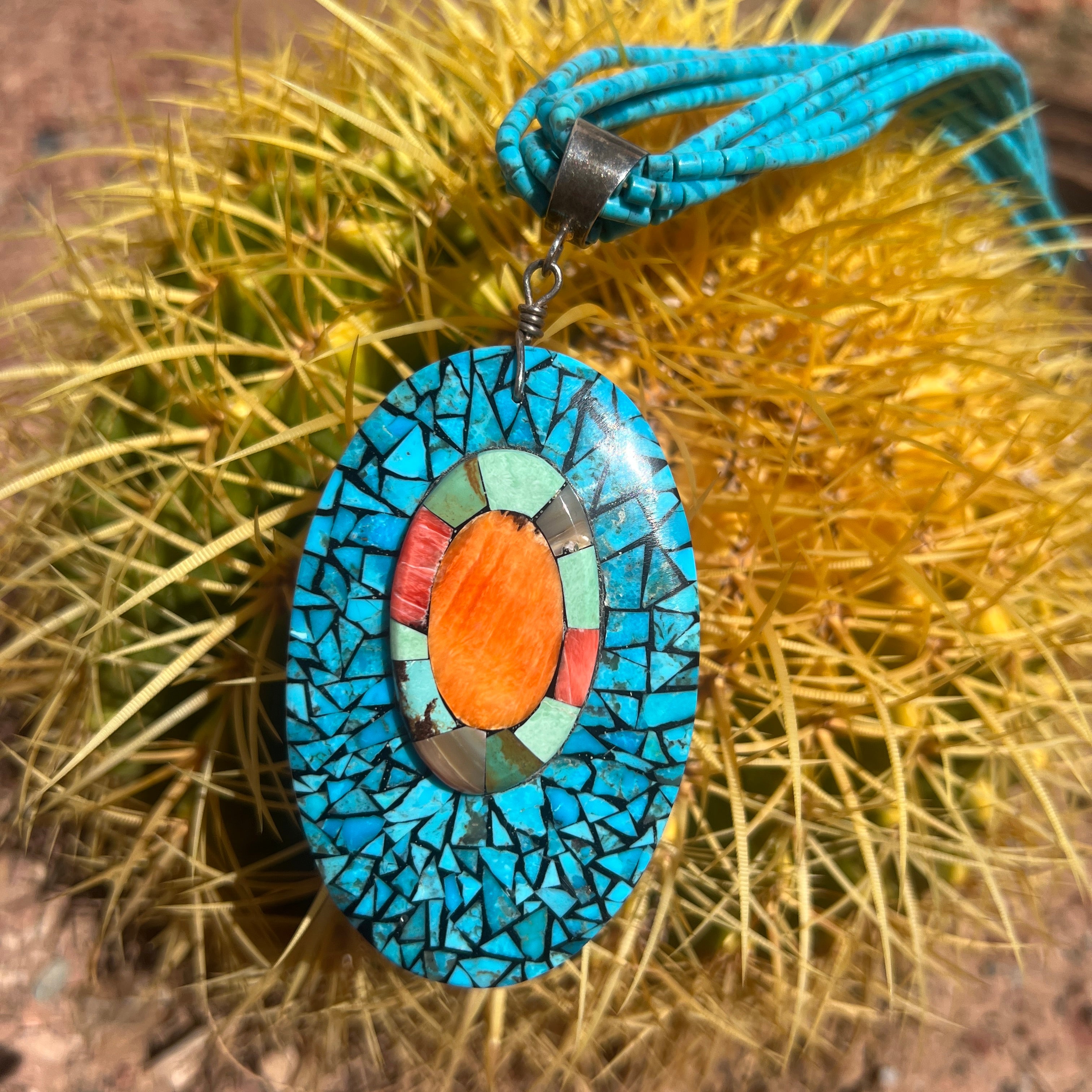 Mosaic Inlay Shell Pendant and Turquoise Necklace Santo Domingo