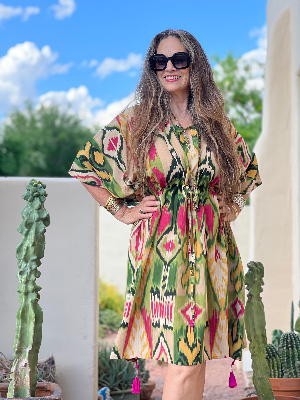 Samarcanda Ikat Italian Silk Midi Kaftan Dress