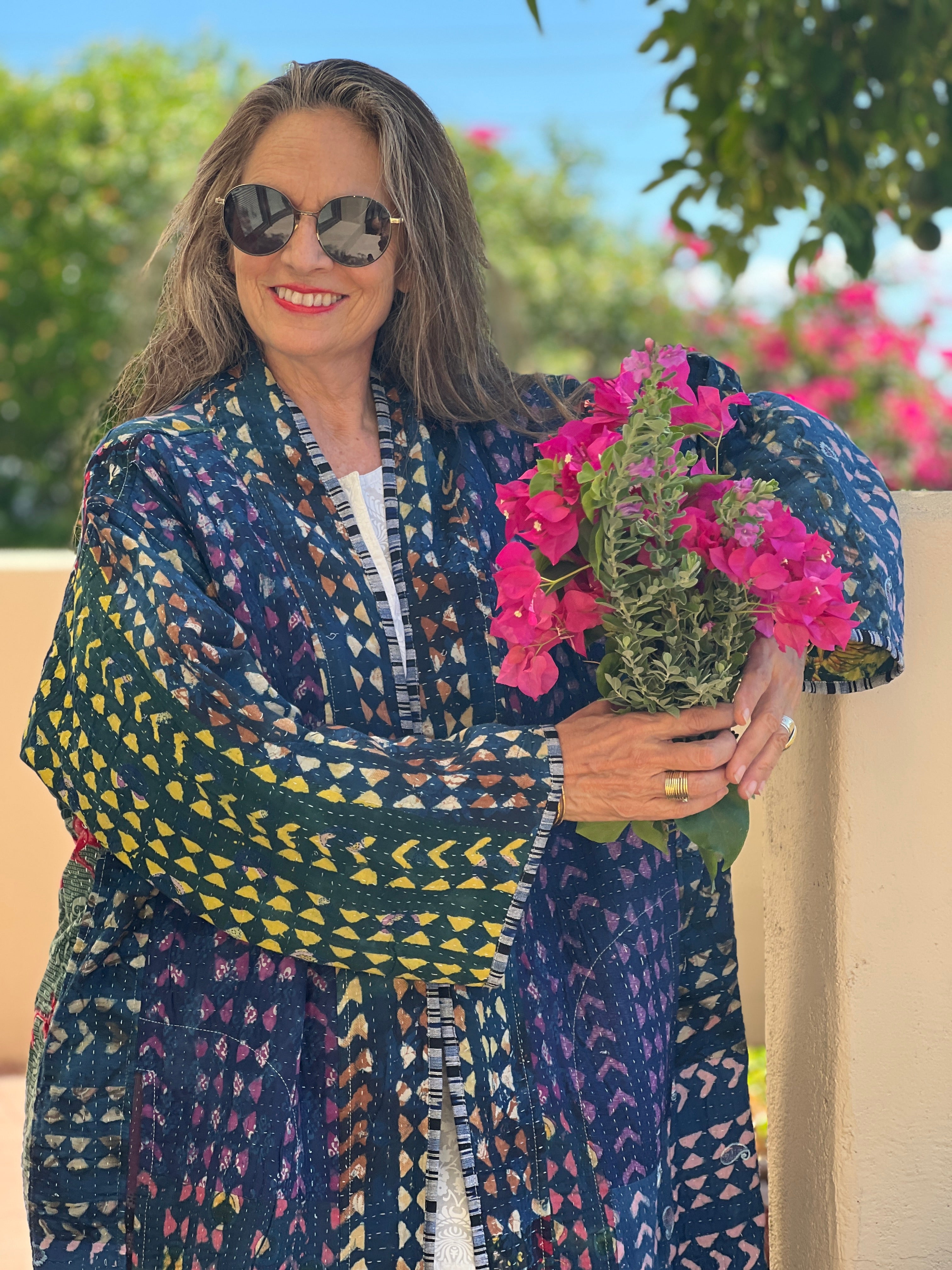 Malini Indigo Cotton Quilted Kantha Coat One of a Kind
