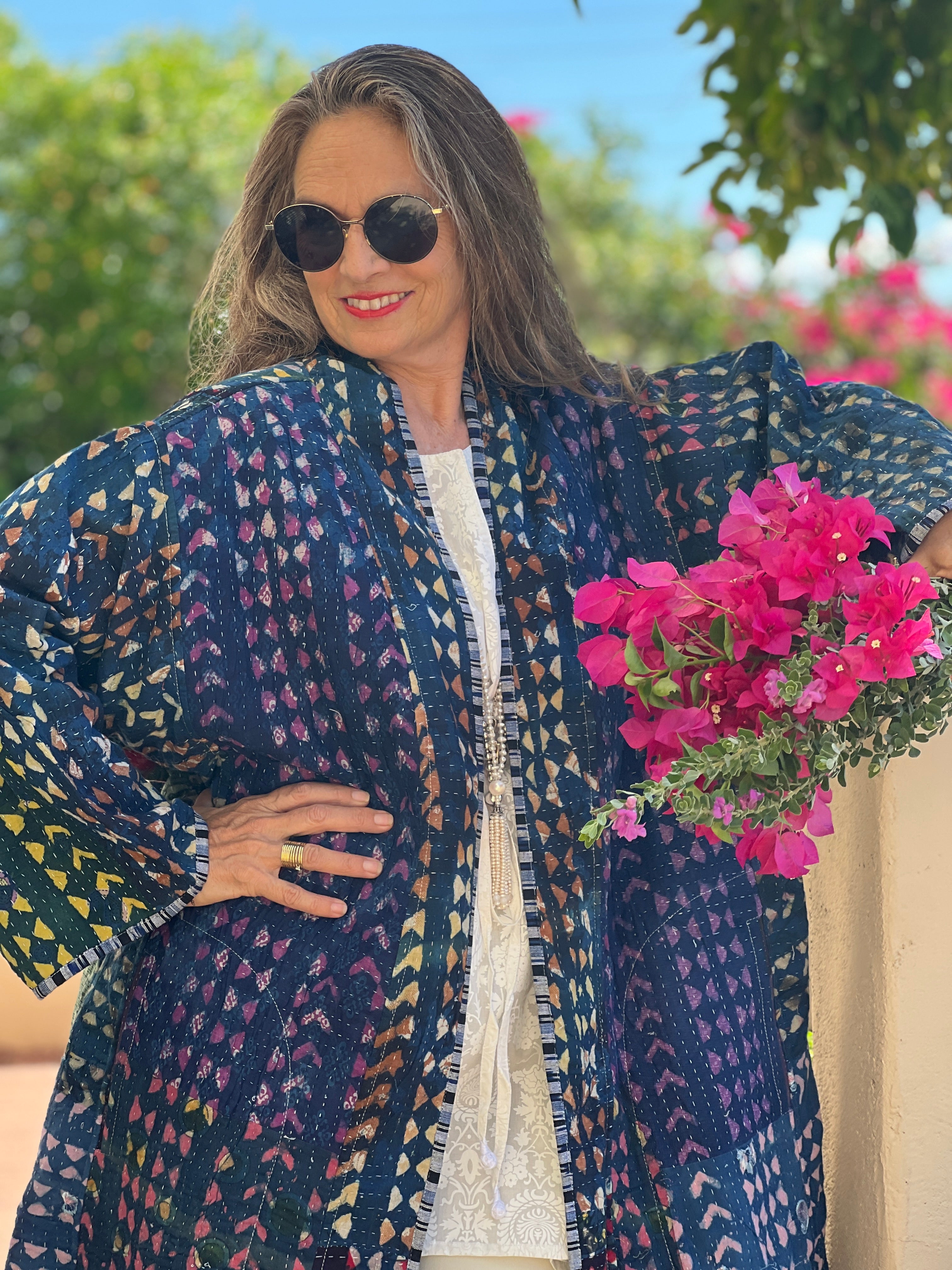 Malini Indigo Cotton Quilted Kantha Coat One of a Kind