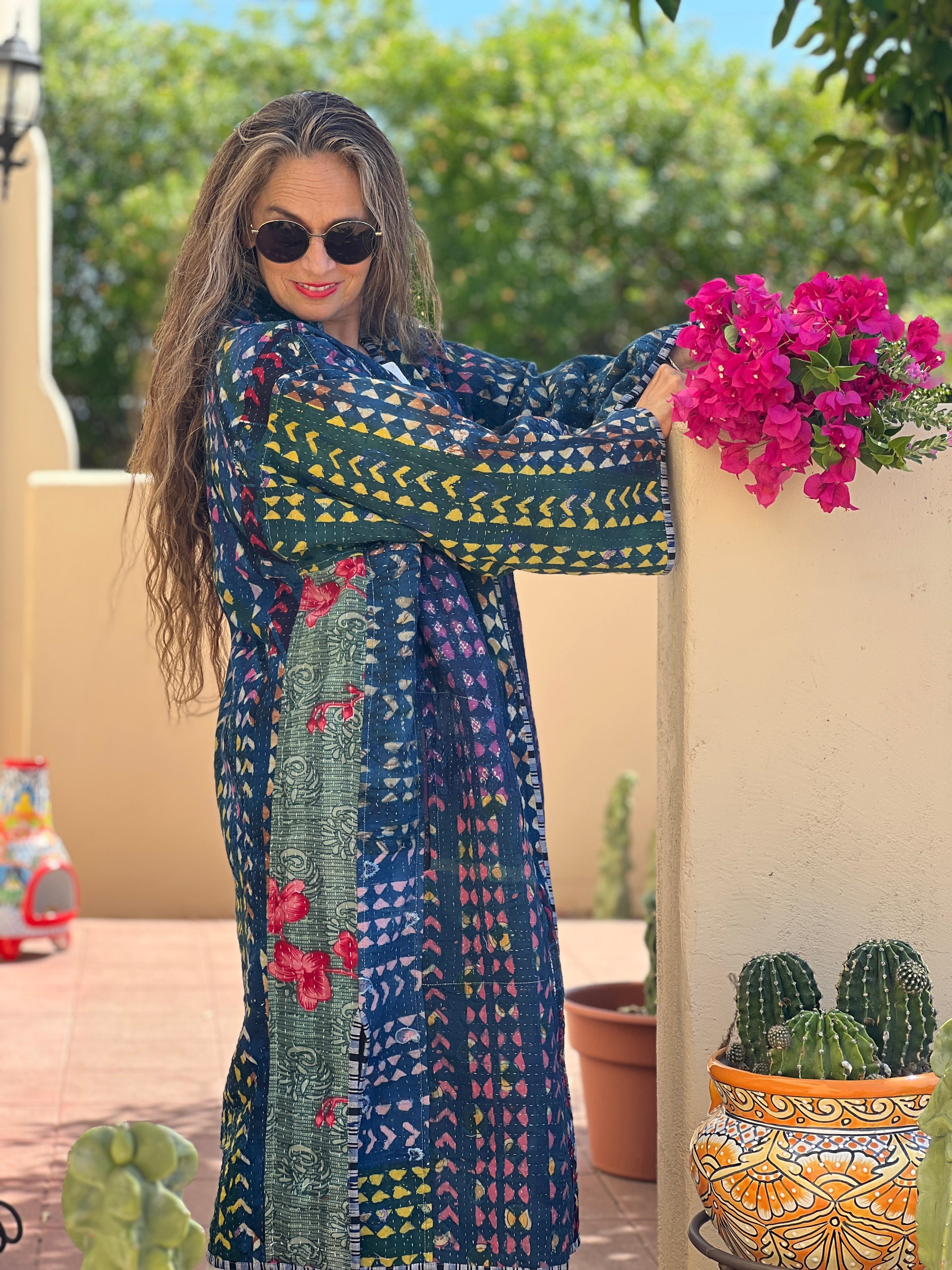 Malini Indigo Cotton Quilted Kantha Coat One of a Kind