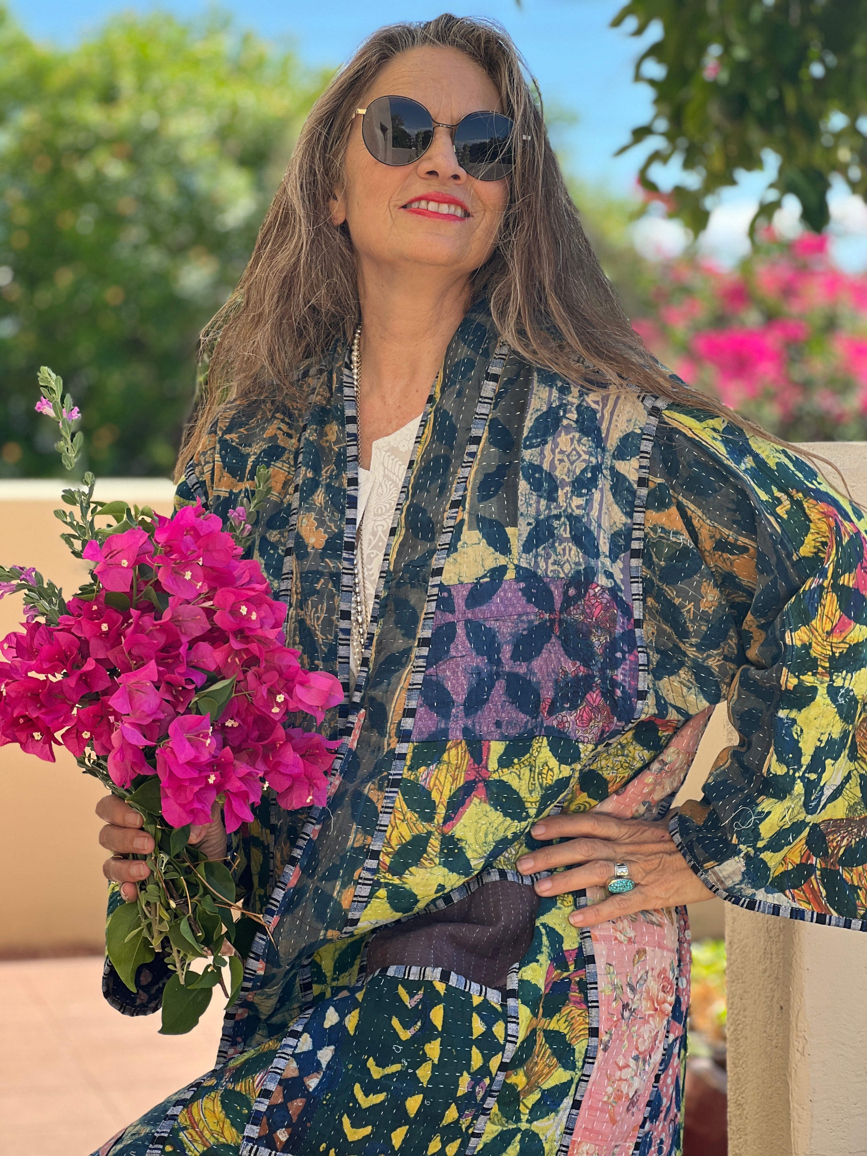 Malini Indigo Cotton Quilted Kantha Coat One of a Kind