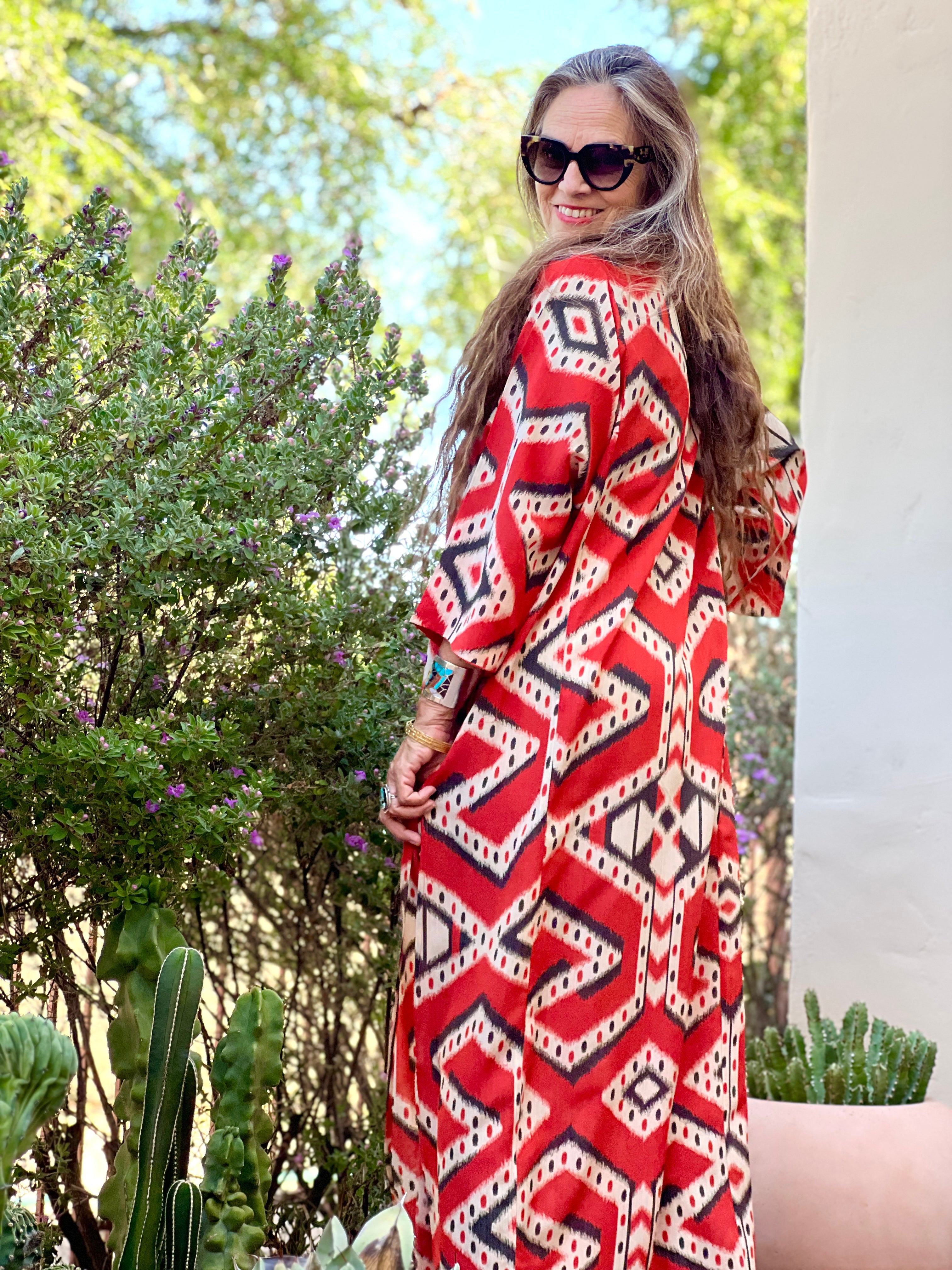 Bukhara Coral Ikat Long Tunic Dress Italian Silk