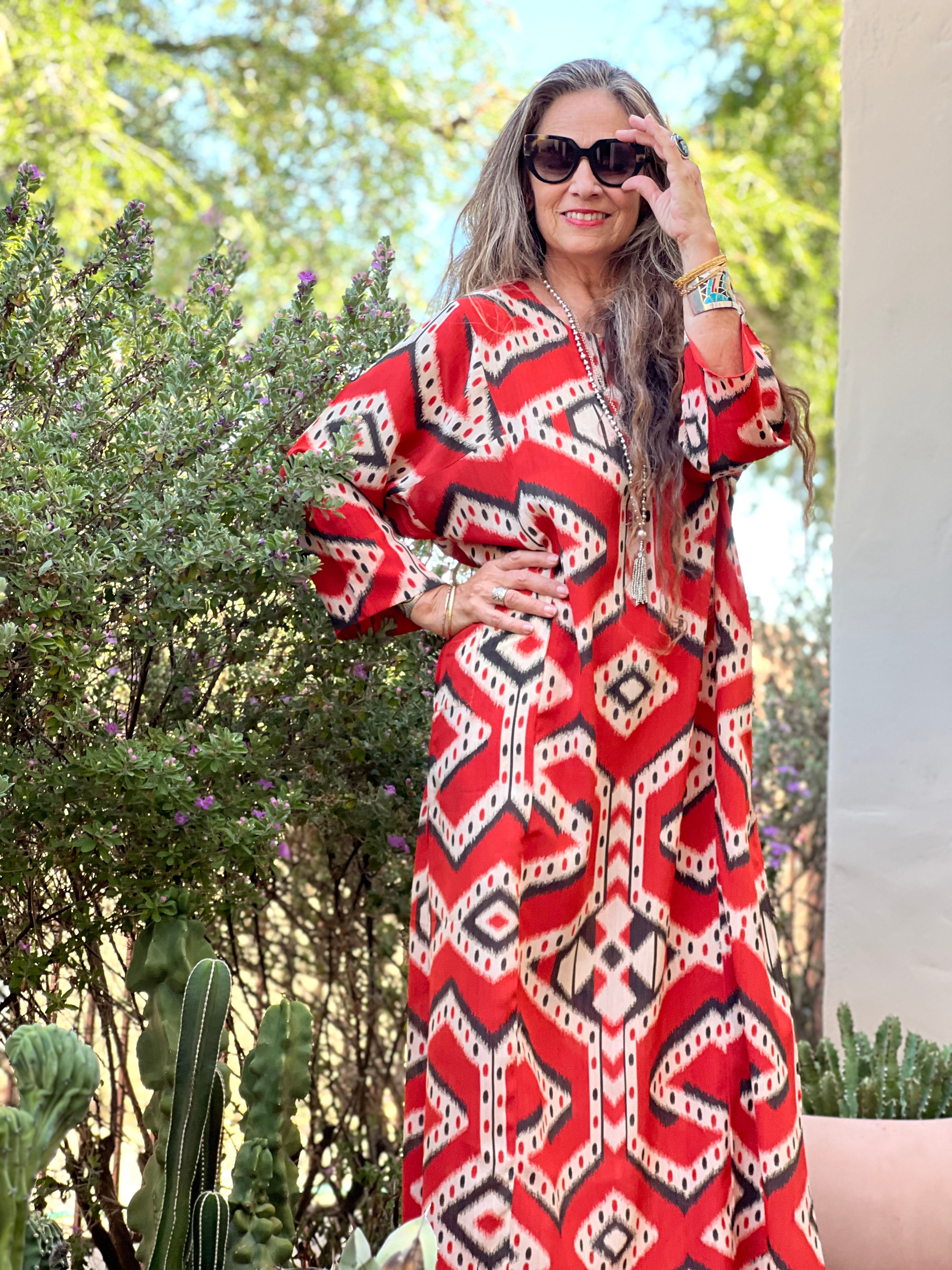 Bukhara Coral Ikat Long Tunic Dress Italian Silk