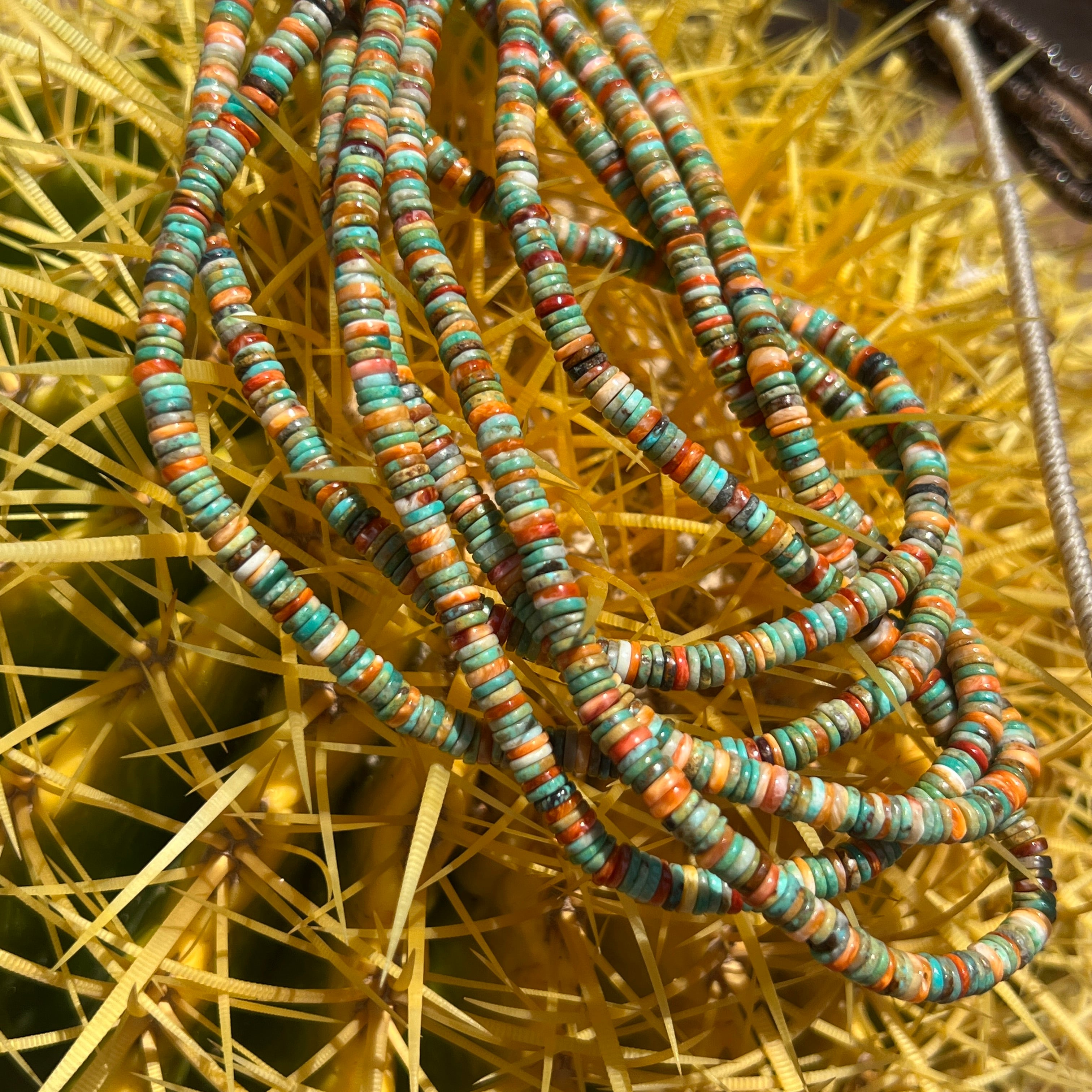 Kingman Turquoise and Spiny Oyster Heishi Necklace Santo Domingo