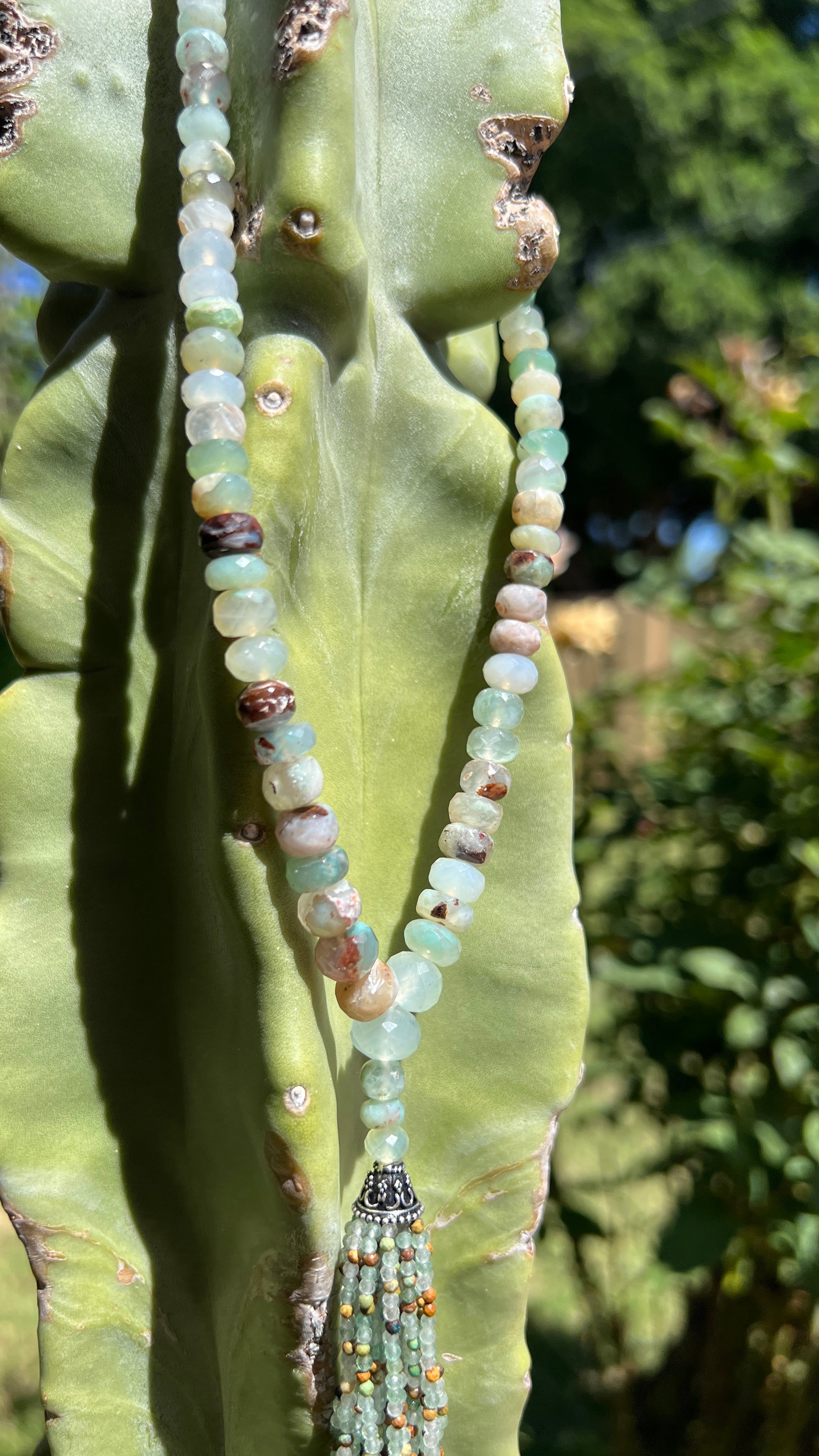 Faceted Aqua Chalcedony Tassel Mini Mala Necklace