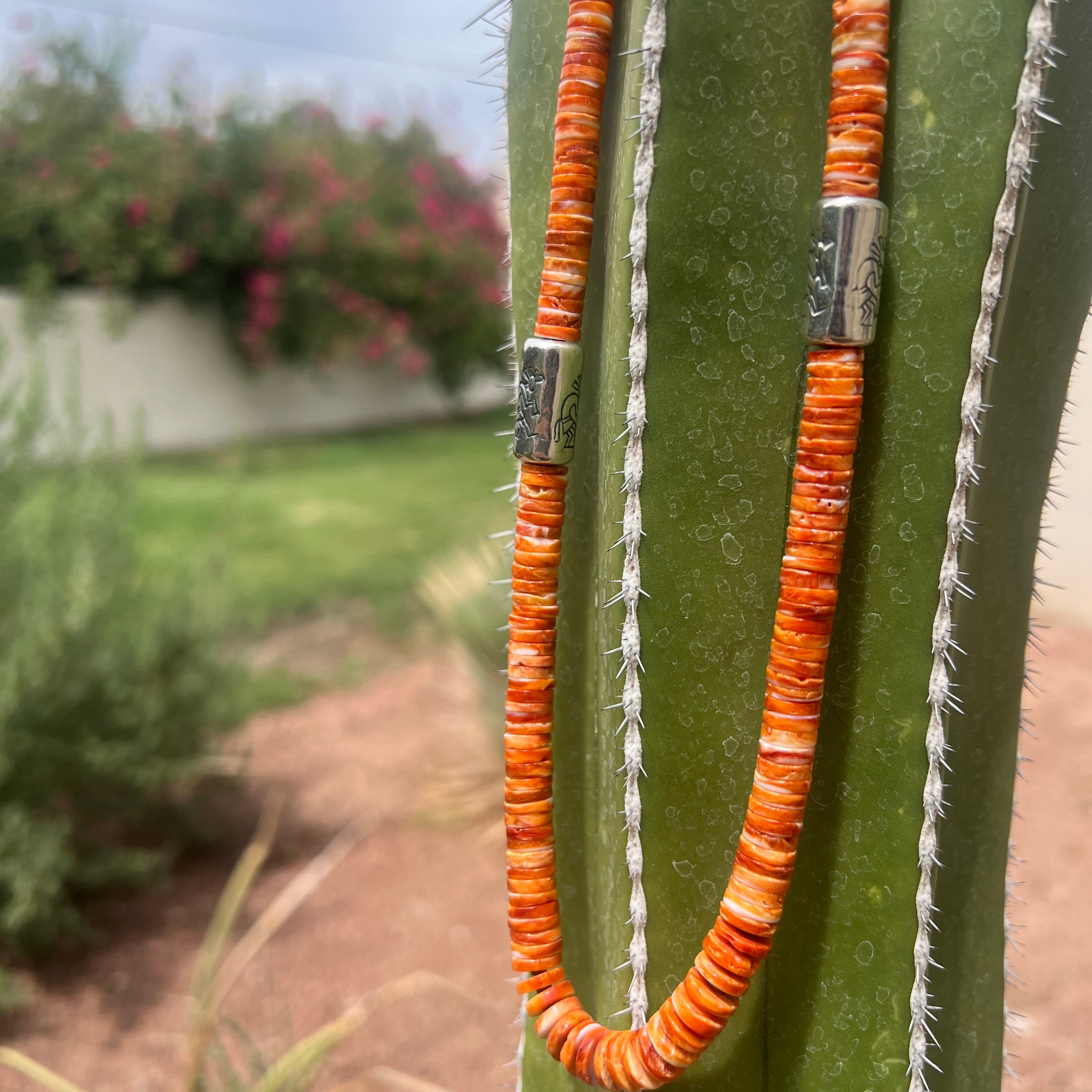 Orange and Red Spiny Oyster, Turquoise, and Silver Kokopelli Necklace Santo Domingo