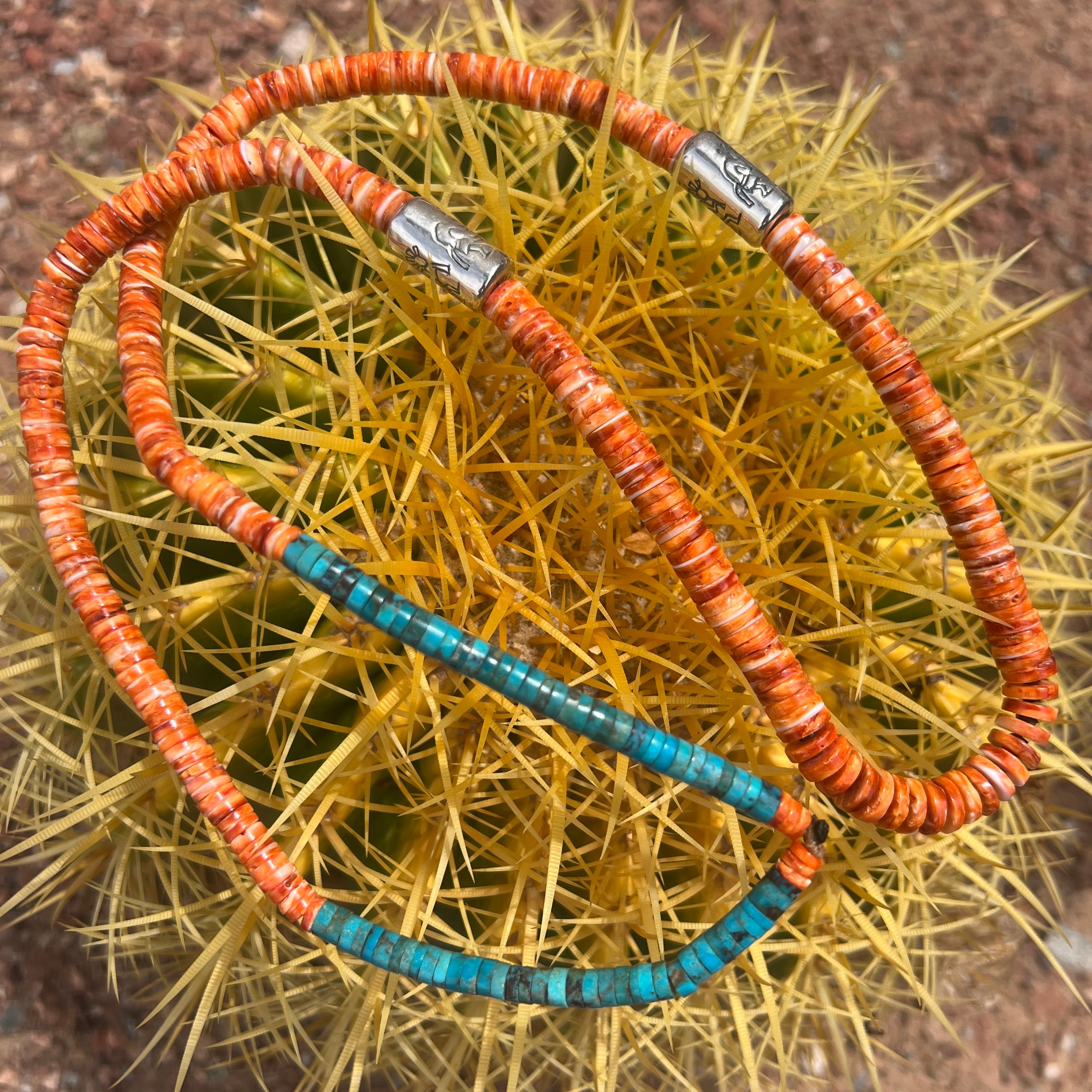 Orange and Red Spiny Oyster, Turquoise, and Silver Kokopelli Necklace Santo Domingo