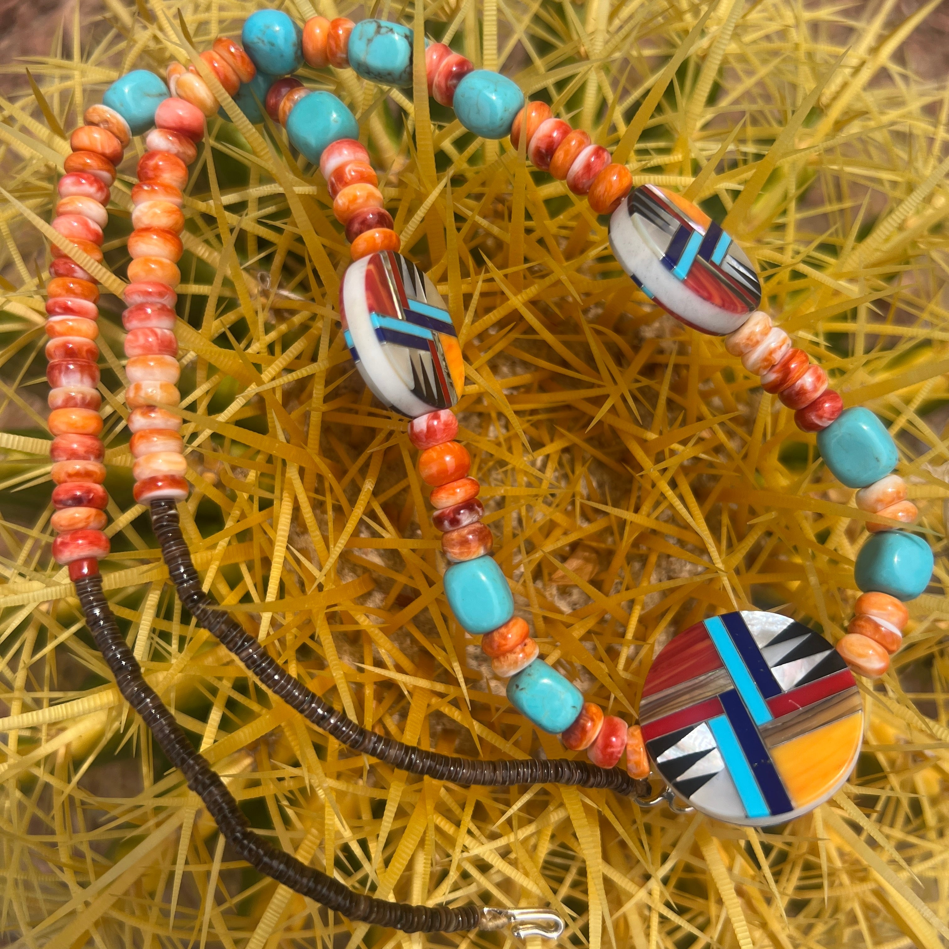 Santo Domingo Inlay Turquoise, Spiny Oyster, and Heishi Necklace