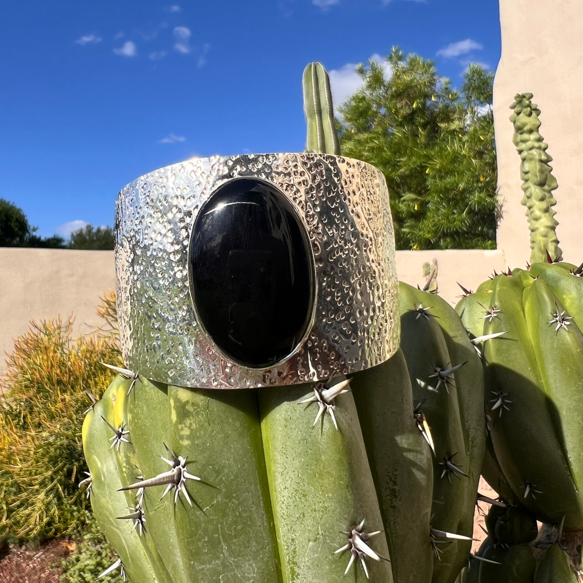 Hammered Silver and Black Onyx Cuff Bracelet