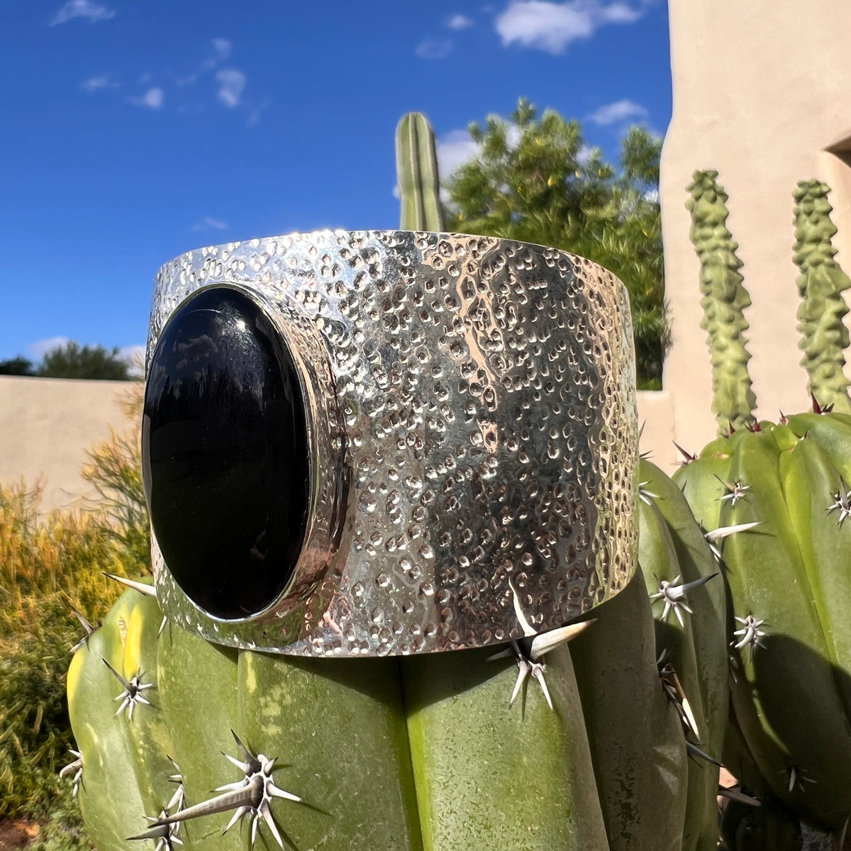 Hammered Silver and Black Onyx Cuff Bracelet