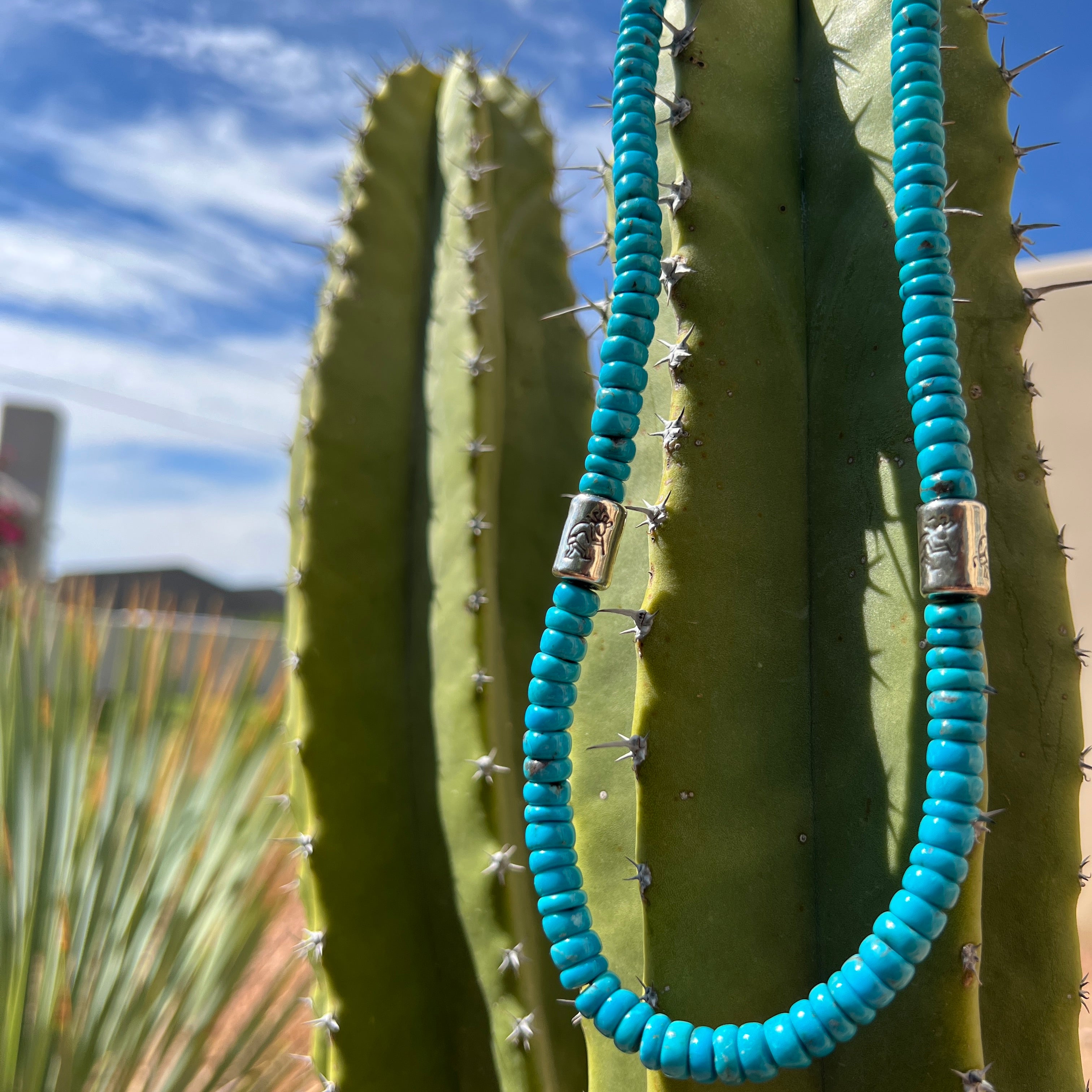 Rare Sleeping Beauty Turquoise and Heishi with Silver Kokopelli Necklace Santo Domingo