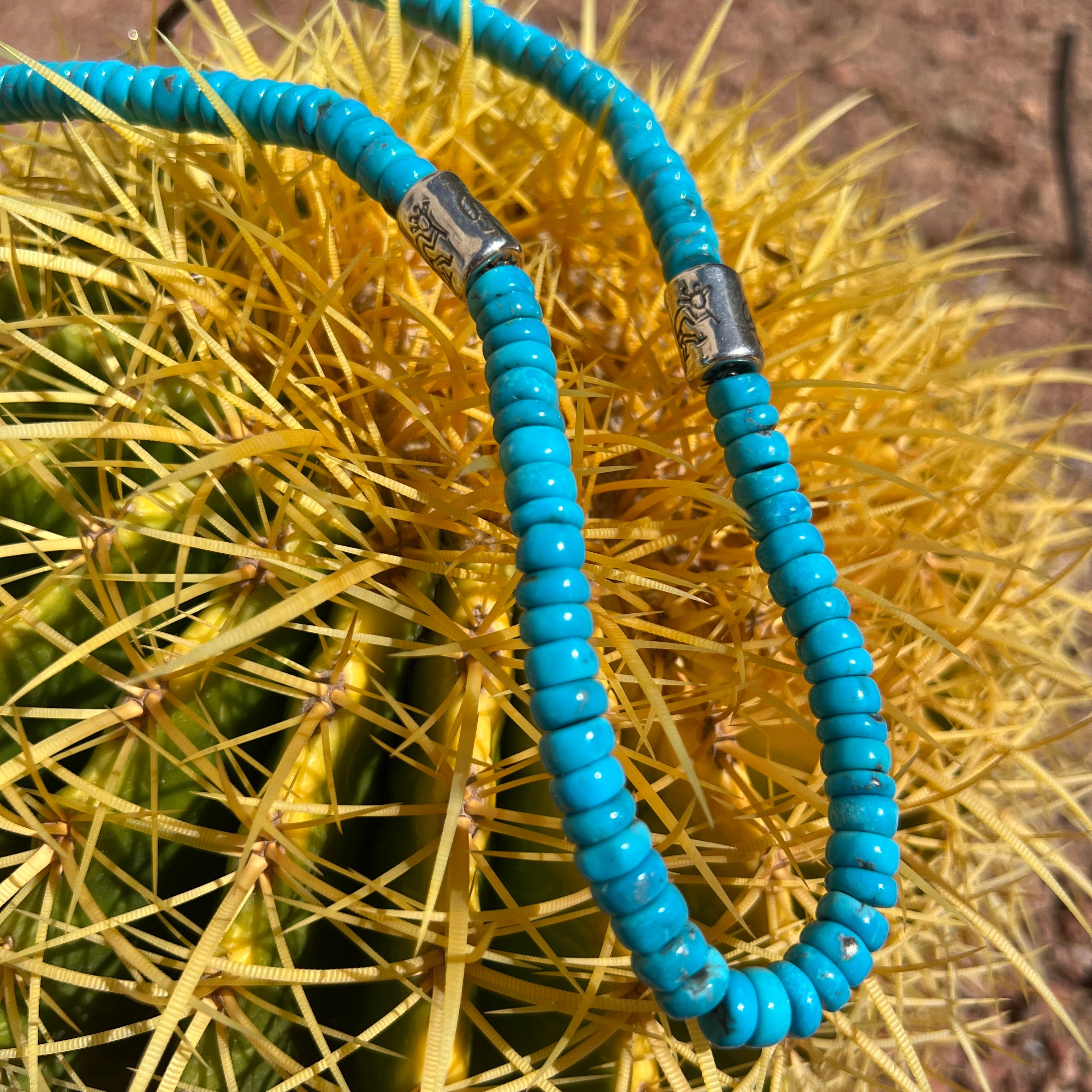 Rare Sleeping Beauty Turquoise and Heishi with Silver Kokopelli Necklace Santo Domingo