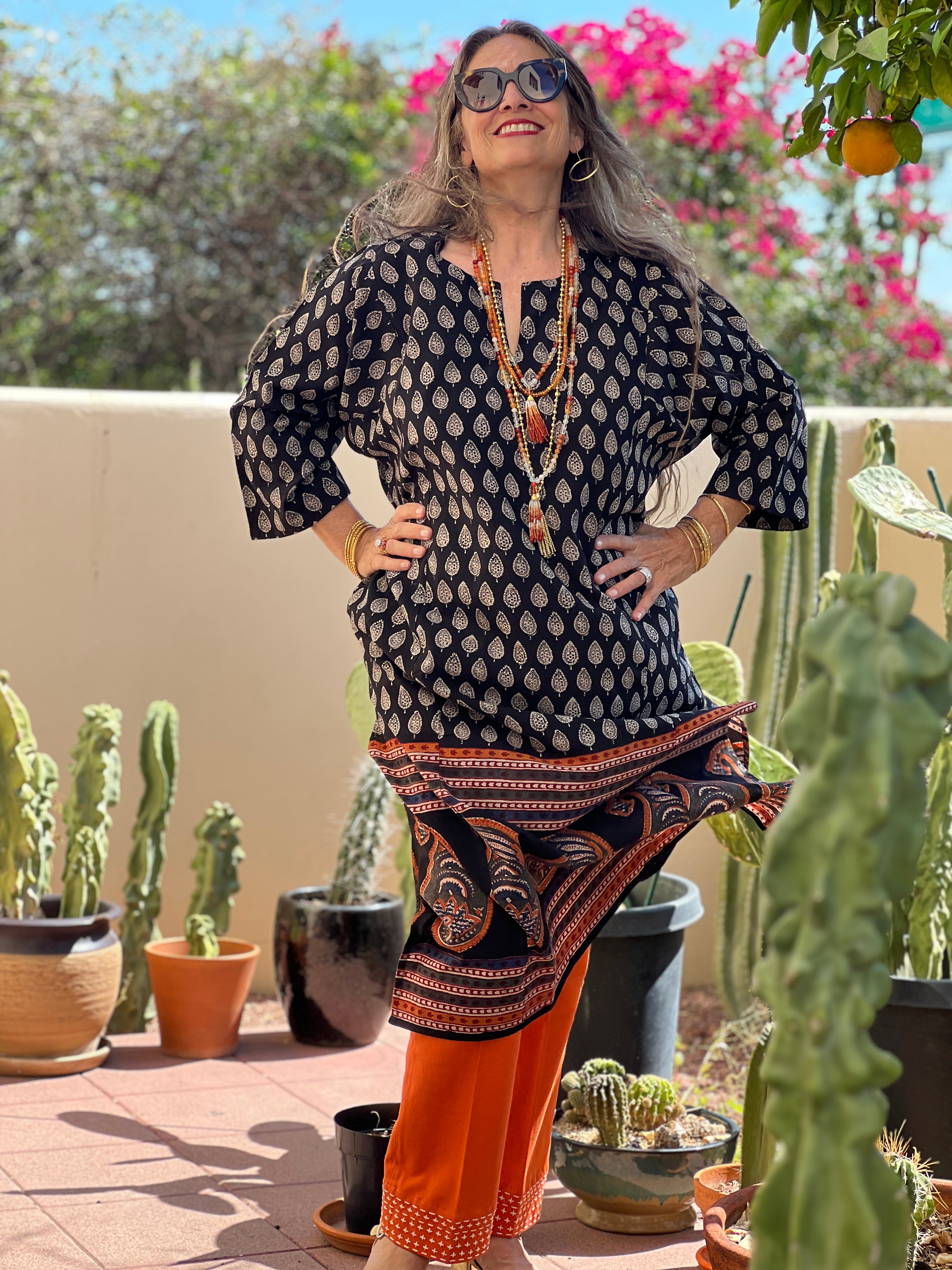 Black Pompeii Paisley Block Printed Tunic Dress