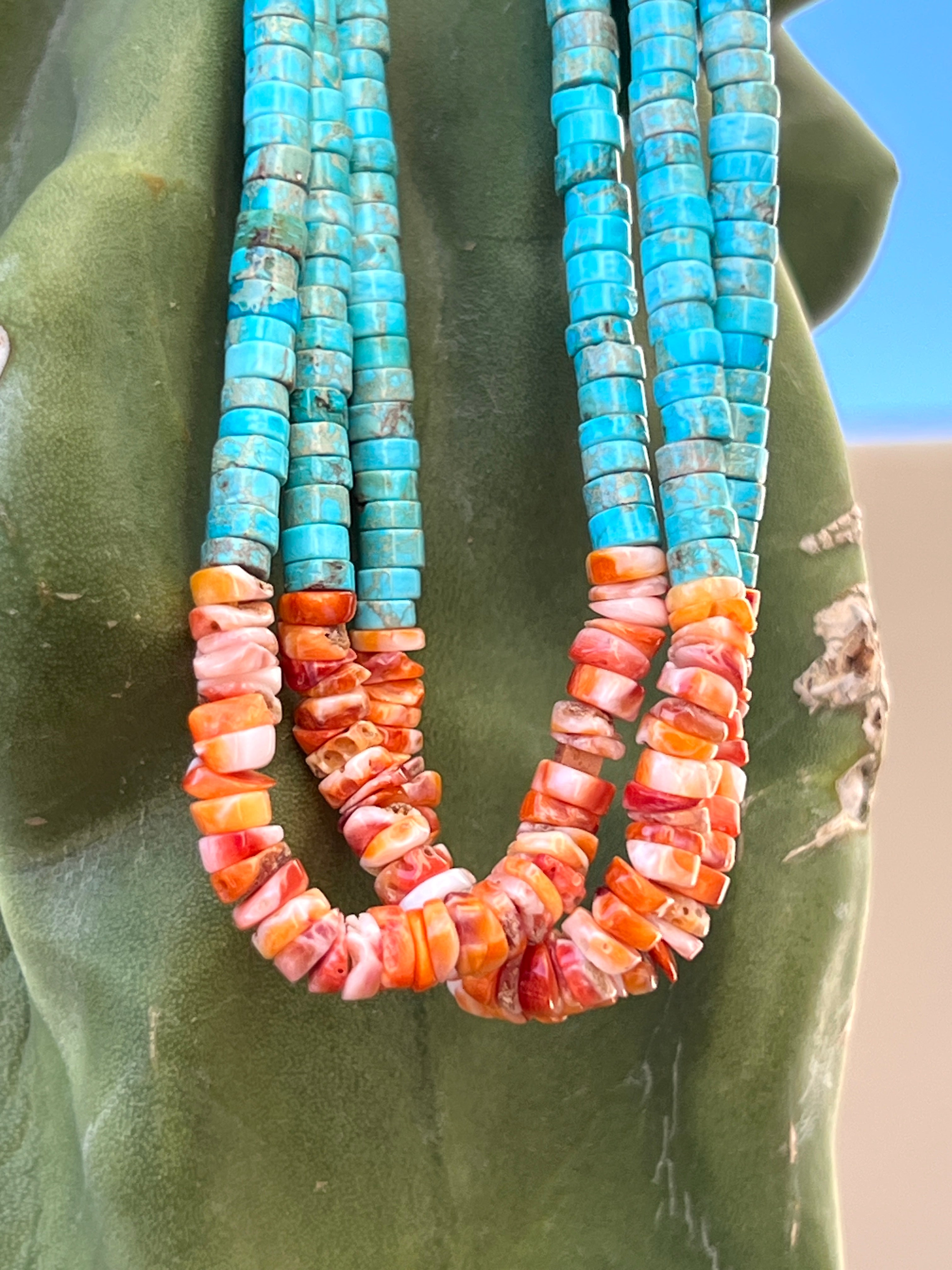 Turquoise, Orange Spiny Oyster, and Heishi Santo Domingo Necklace