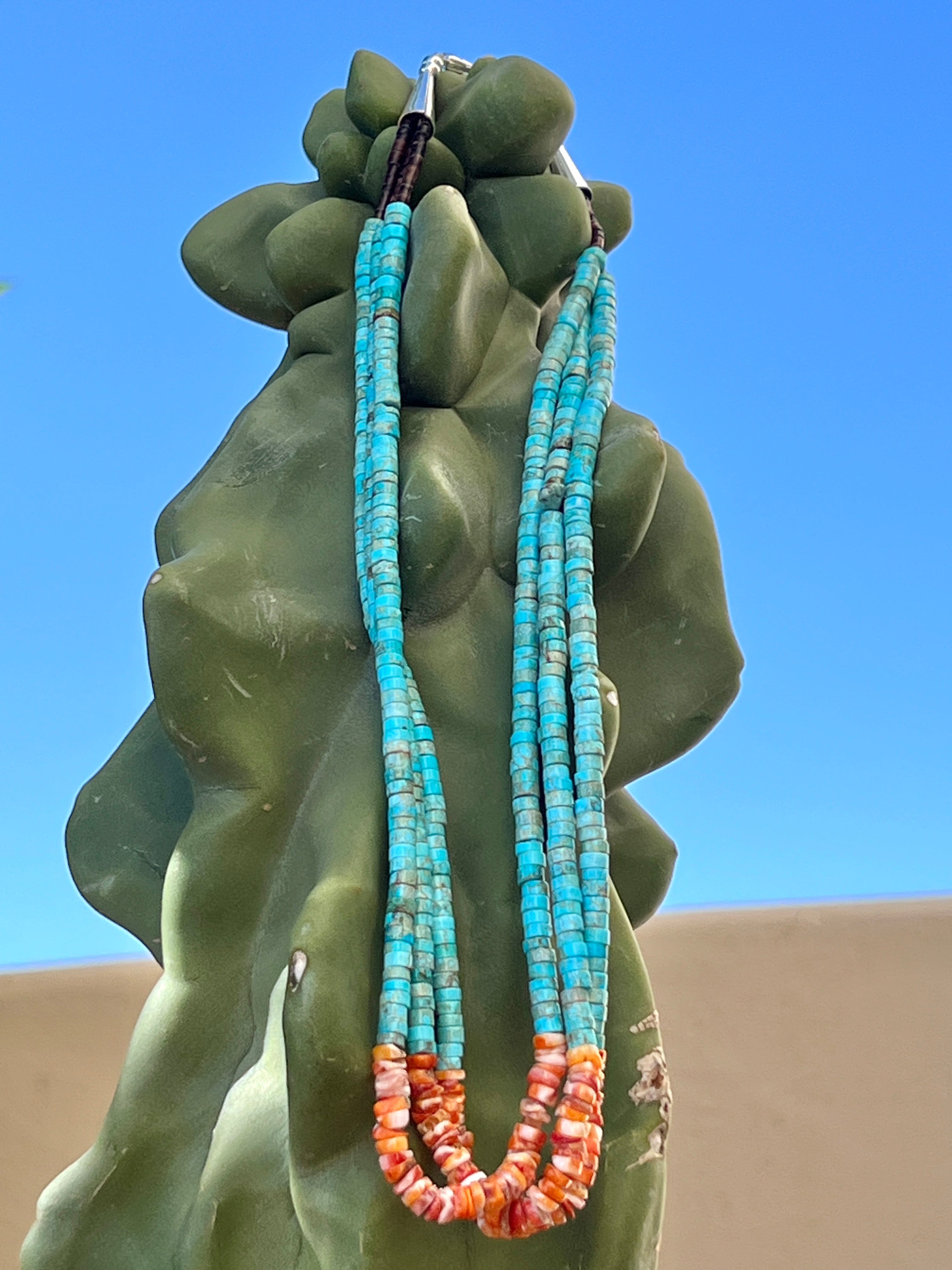 Turquoise, Orange Spiny Oyster, and Heishi Santo Domingo Necklace