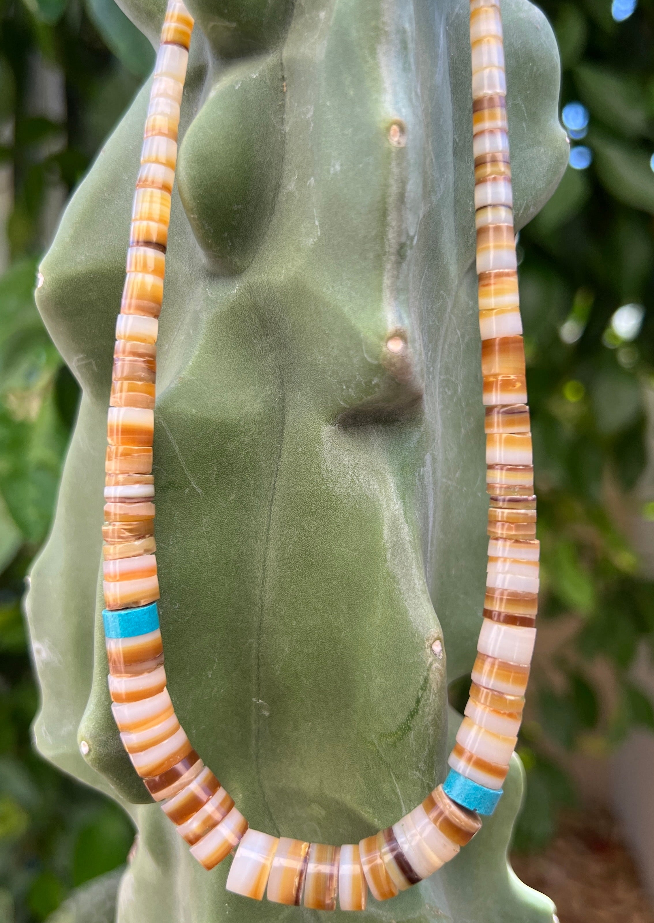 Vintage Santo Domingo Graduated Shell Heishi Necklace W/ Turquoise Beads 1970s