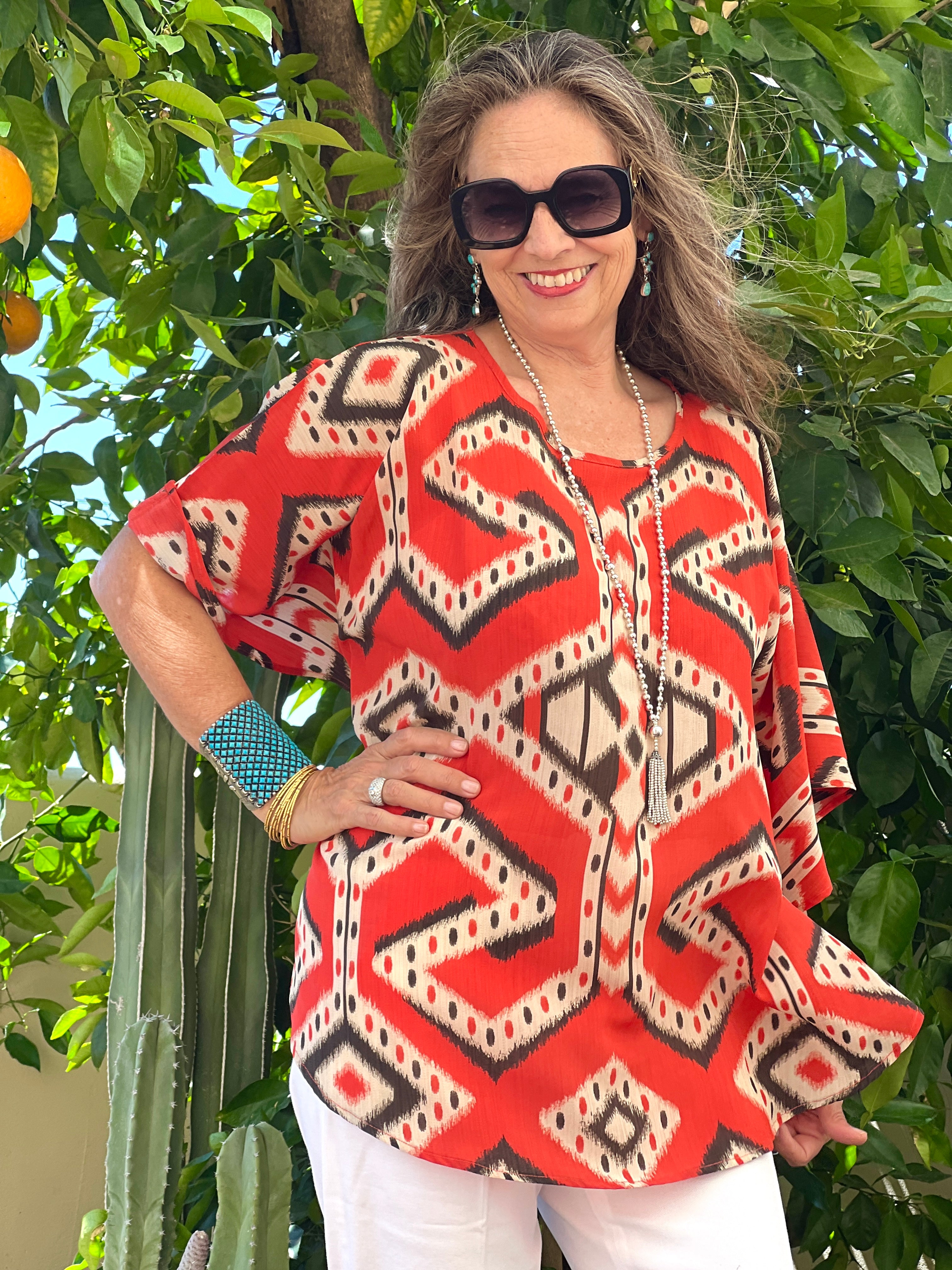 Bukhara Coral Ikat Italian Silk Poncho