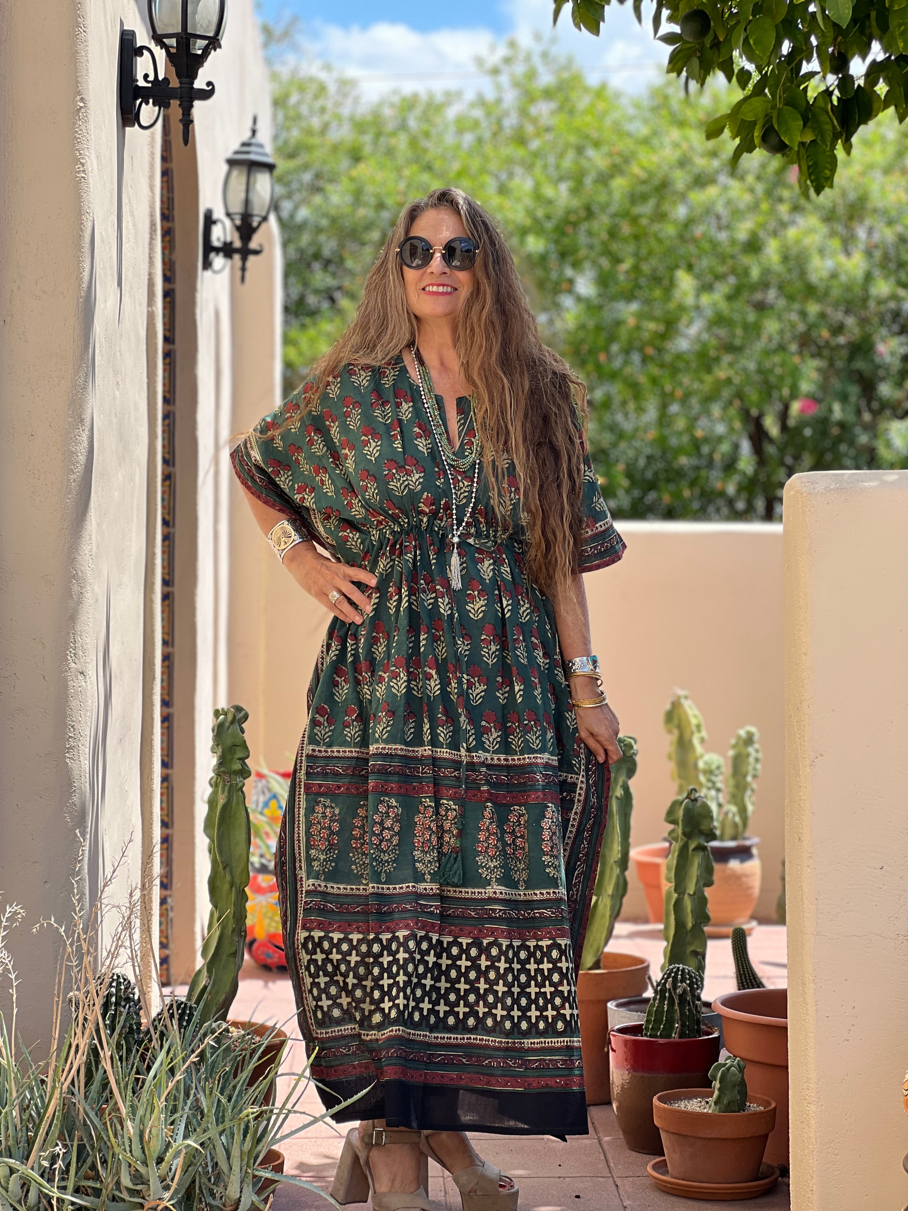 Gangtok Green Maxi kaftan Dress Natural Dyes