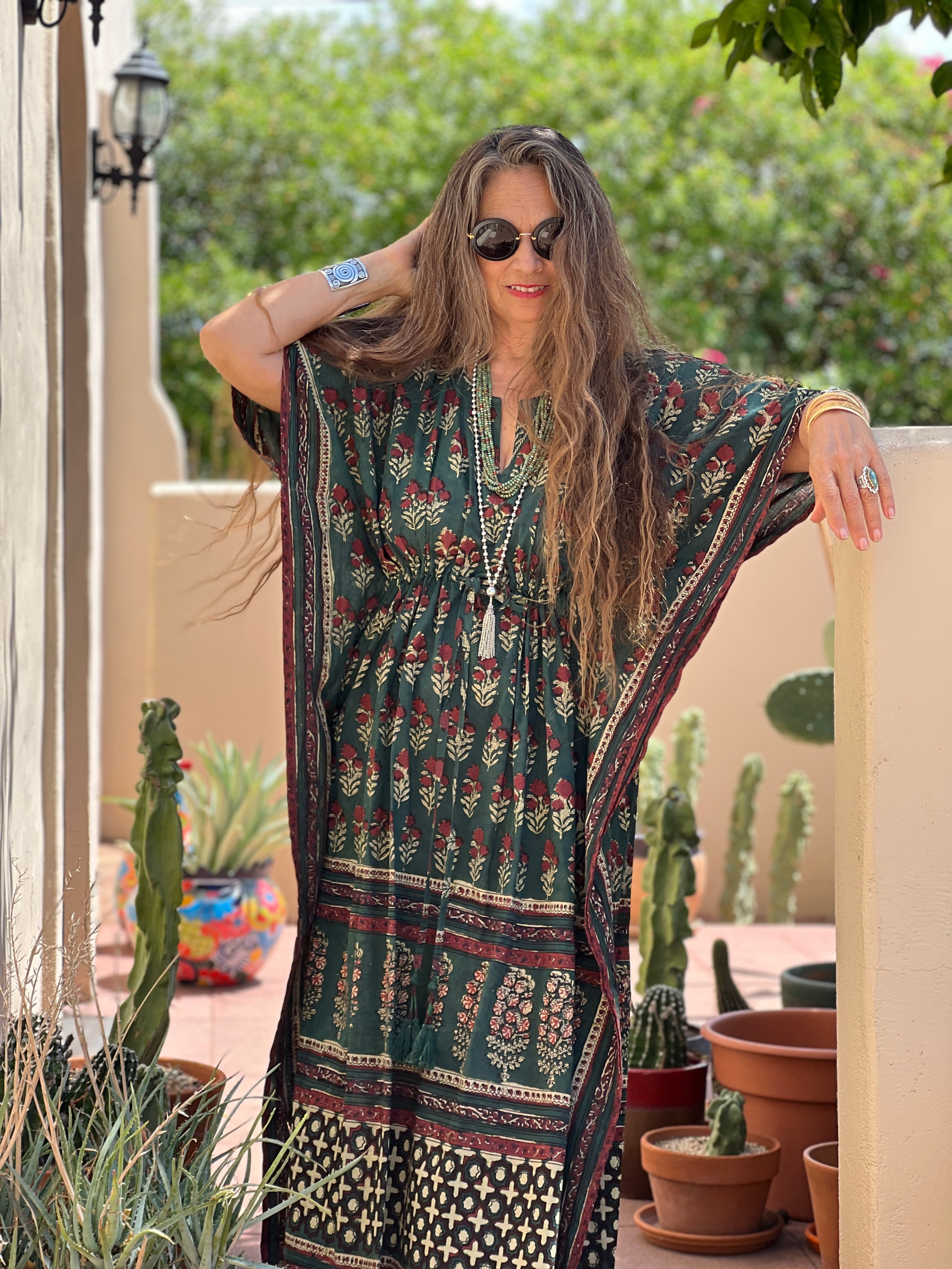 Gangtok Green Maxi kaftan Dress Natural Dyes