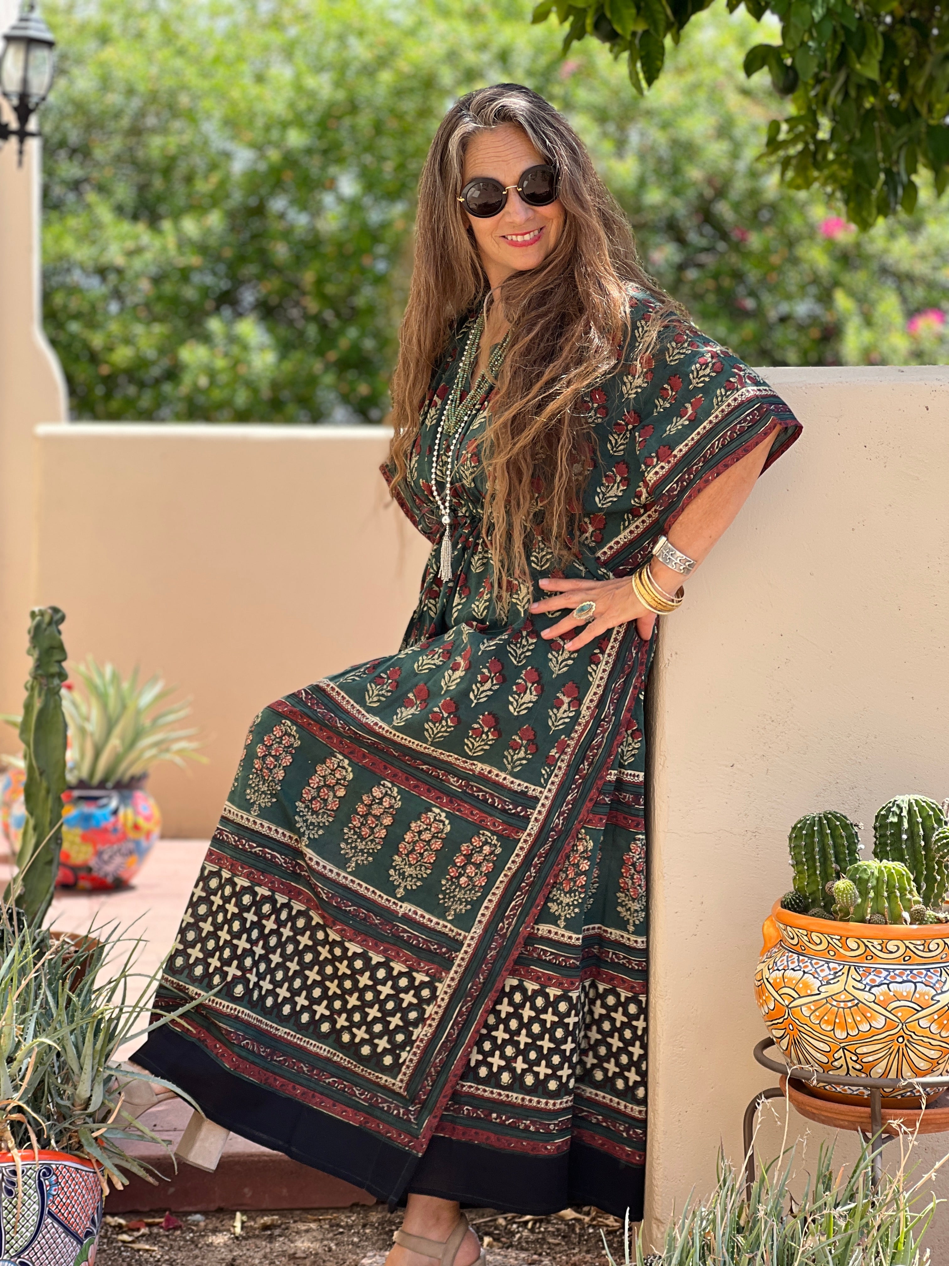 Gangtok Green Maxi kaftan Dress Natural Dyes