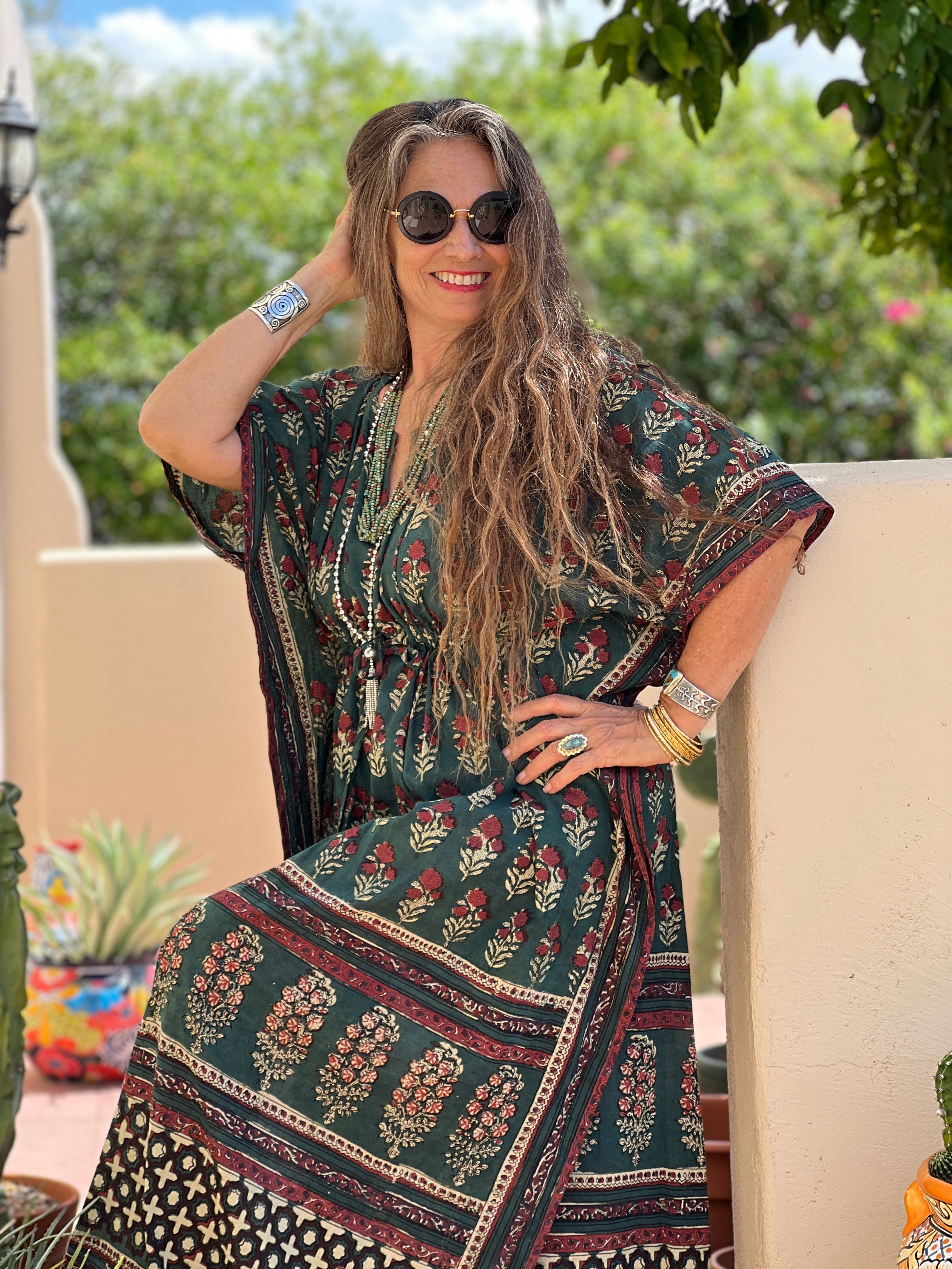 Gangtok Green Maxi kaftan Dress Natural Dyes