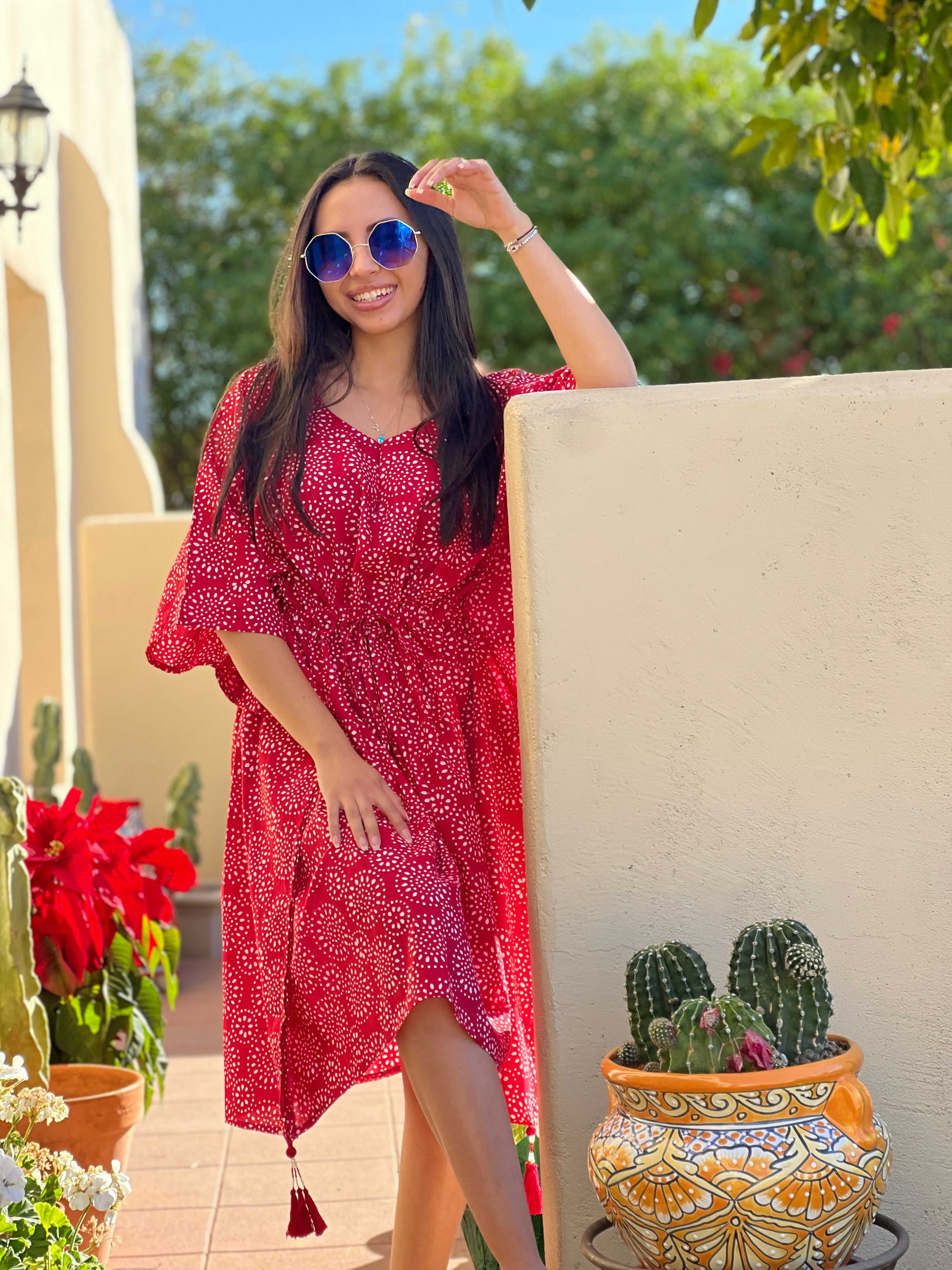 Ronnie Red Midi Cotton Kaftan Final Sale