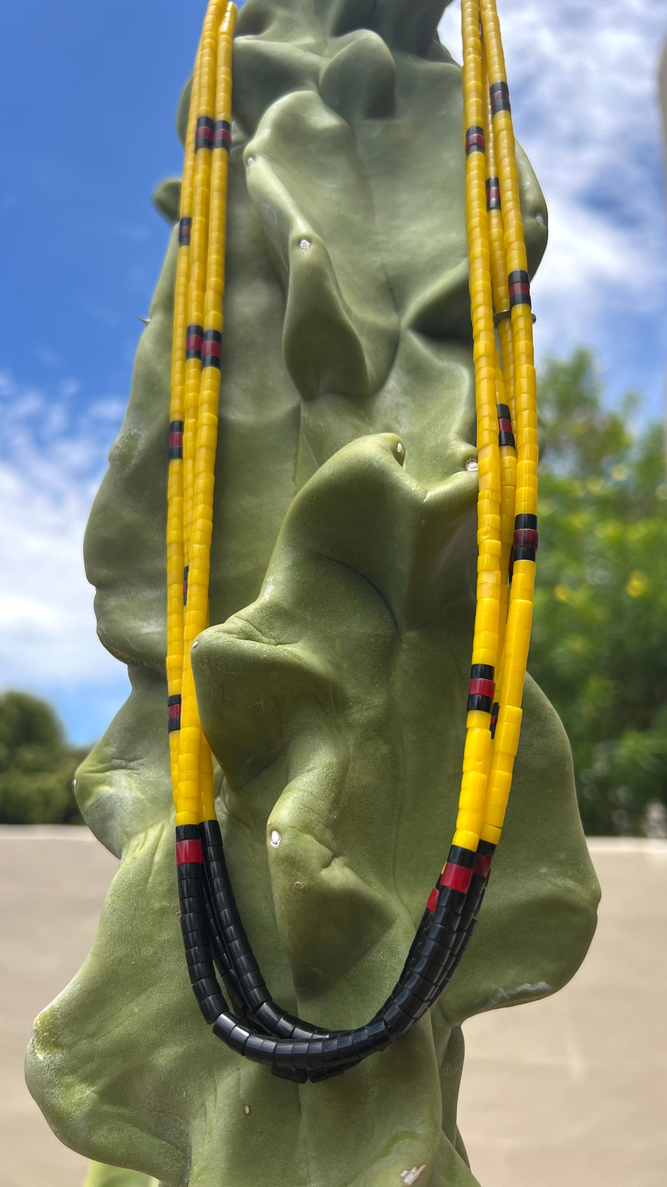 Yellow Serpentine, Black Jet, and Coral Necklace Santo Domingo