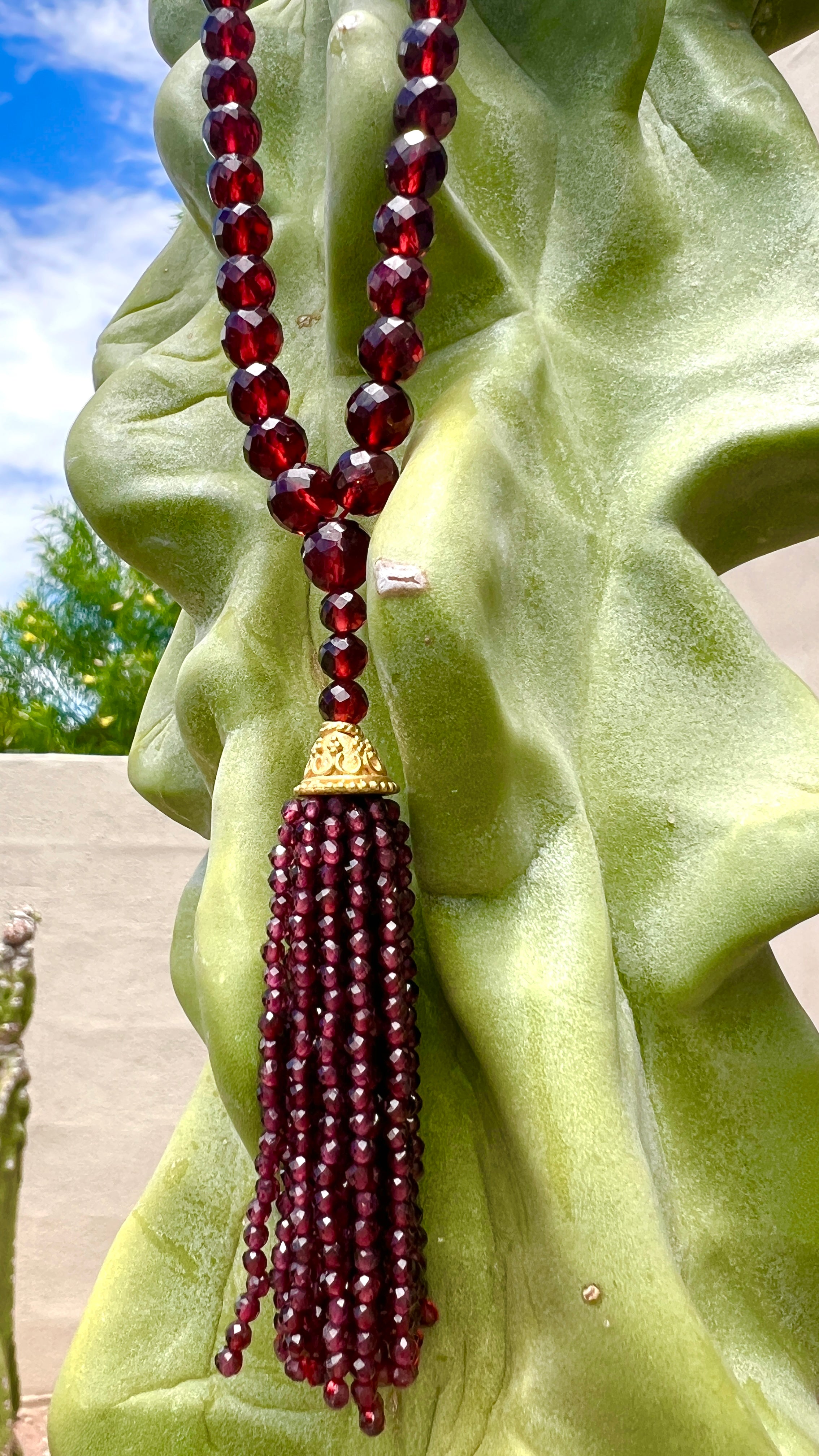 Pyrope Garnet Faceted Tassel Mala Necklace with 18kt Gold