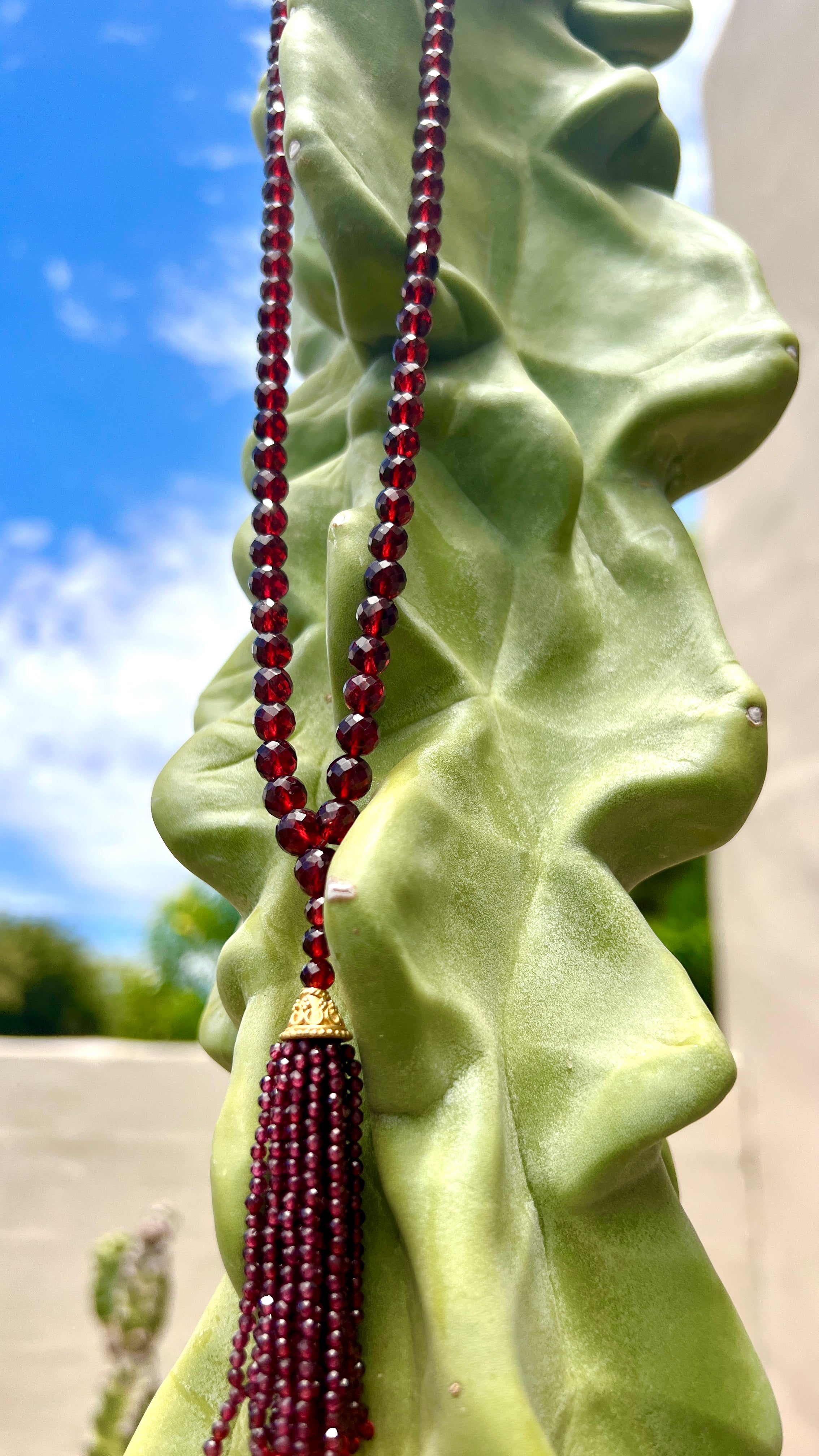 Pyrope Garnet Faceted Tassel Mala Necklace with 18kt Gold