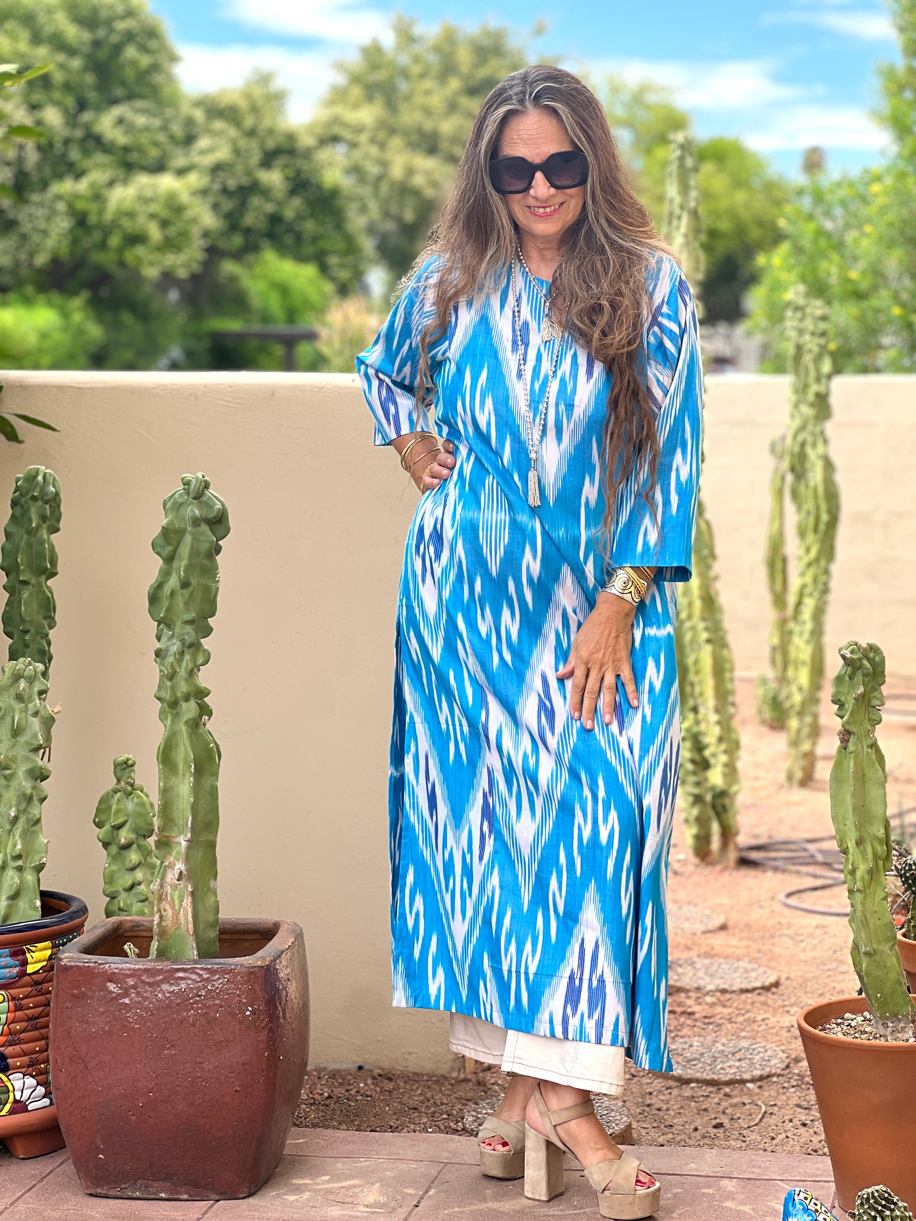 Termez Turquoise Cotton Ikat Long Tunic Dress One of a Kind