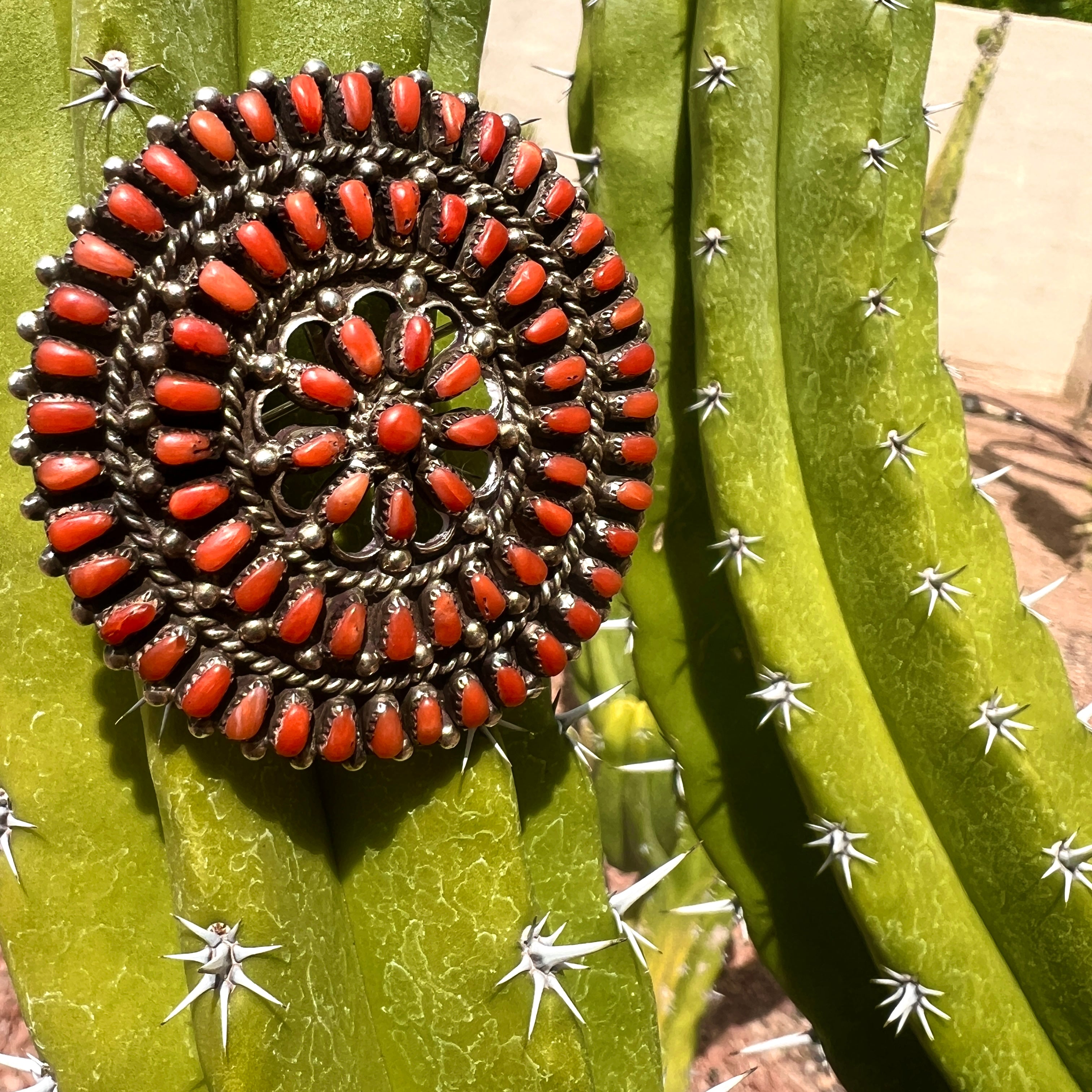 Rare Vintage Zuni Coral Petit Point and Sterling Sliver Pendant Necklace
