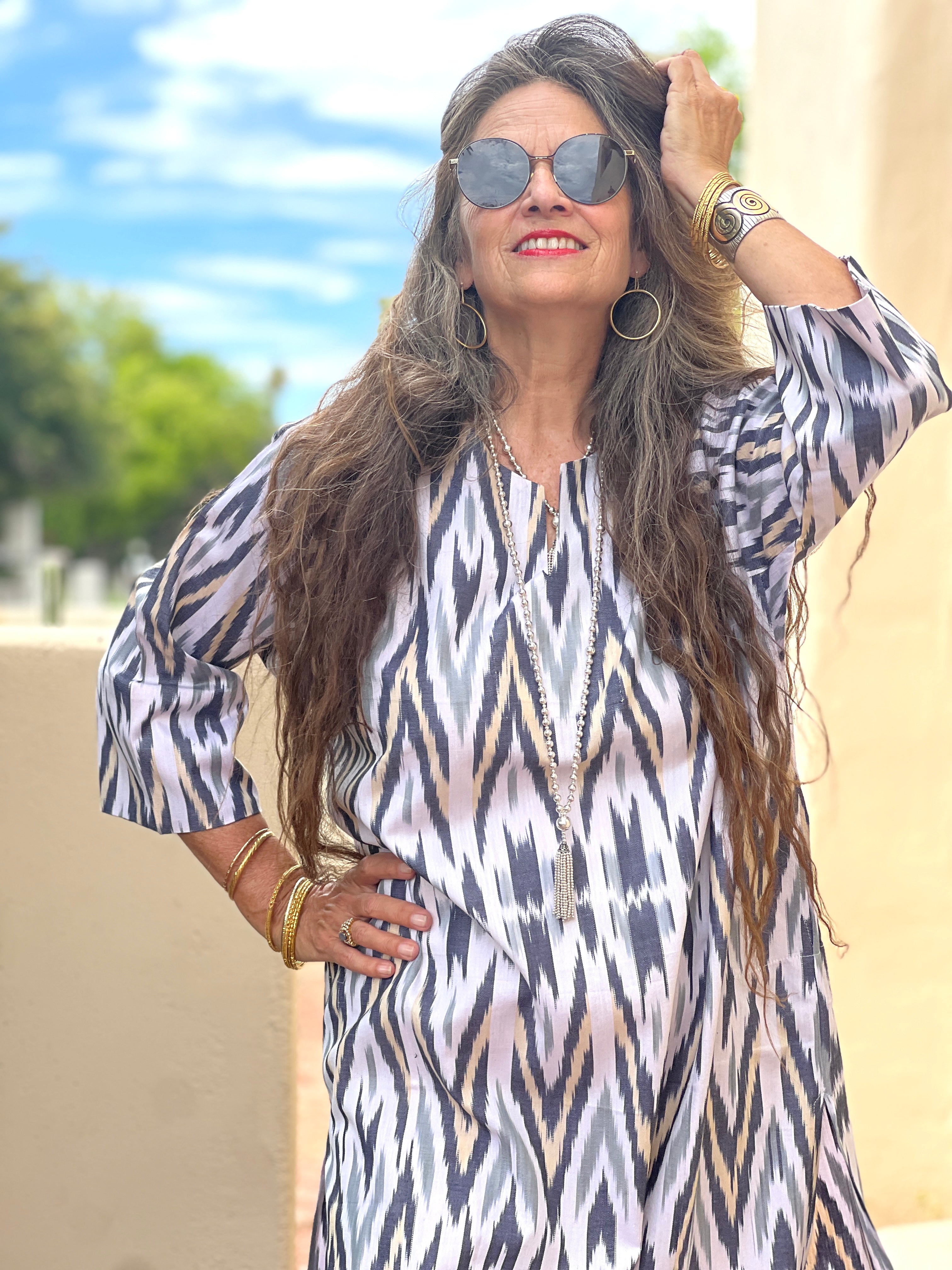 Olmaliq Grey and Pale Yellow Long Cotton Ikat Tunic Dress Handwoven Limited Edition