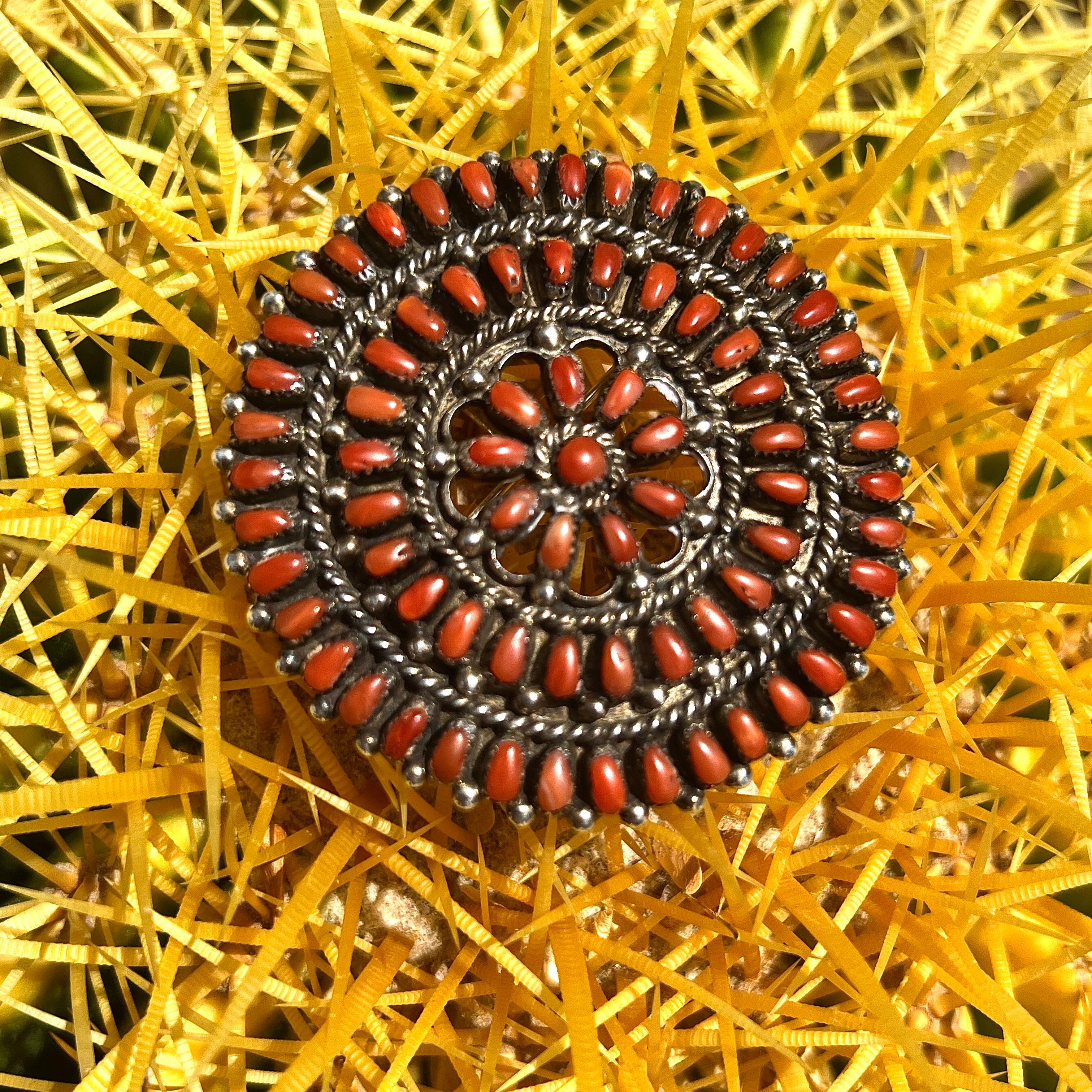 Rare Vintage Zuni Coral Petit Point and Sterling Sliver Pendant Necklace