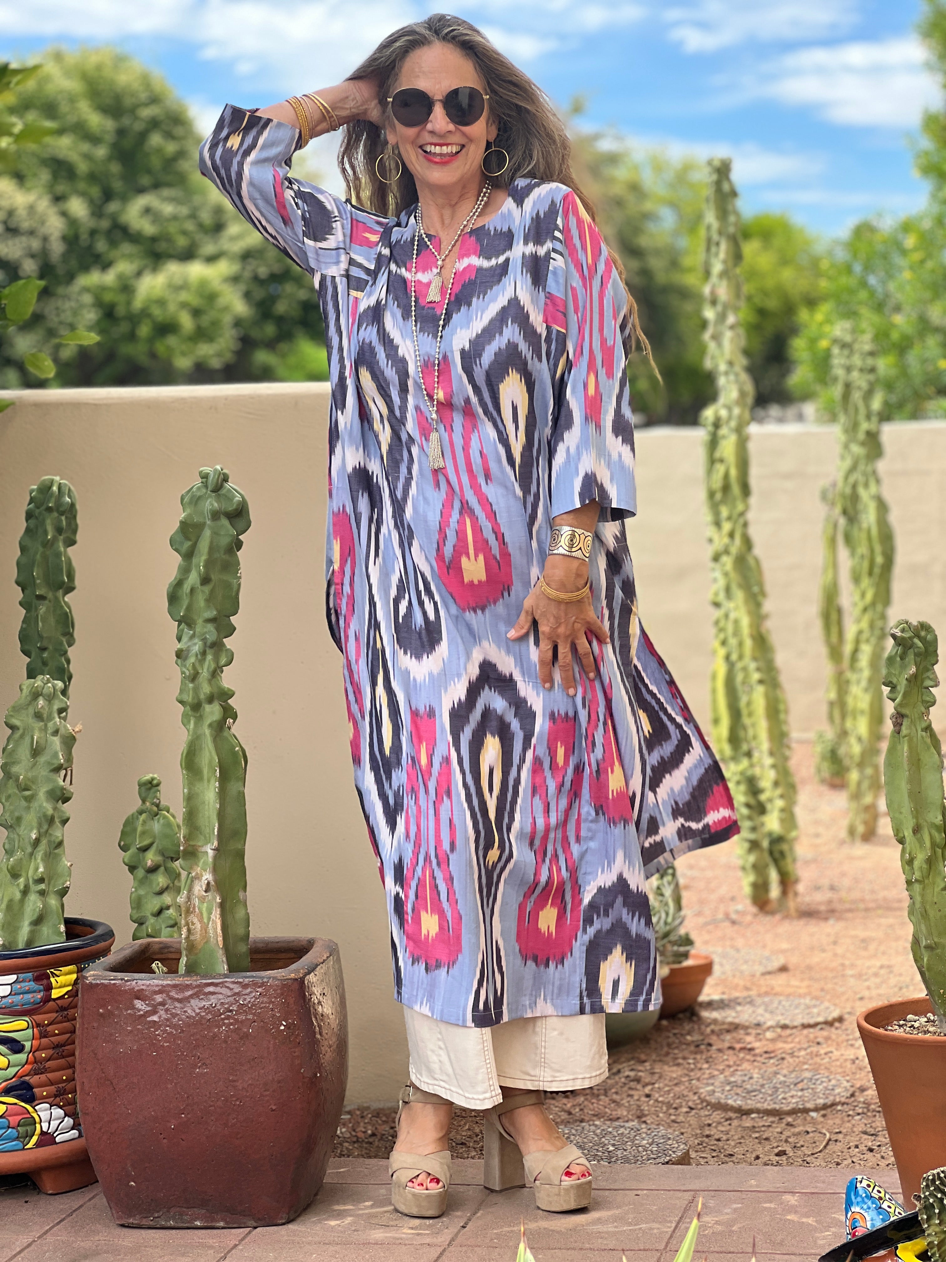 Andijan Pink and Azzurro Ikat Long Cotton Tunic Only One Available